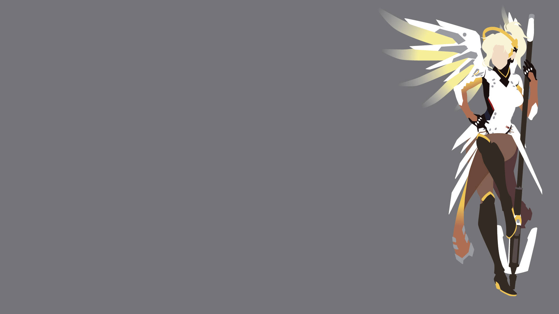 Mercy 桌布 壁紙 — 一個風格化的動漫天使，擁有白色翅膀和權杖，自信地站在純灰色背景前。
