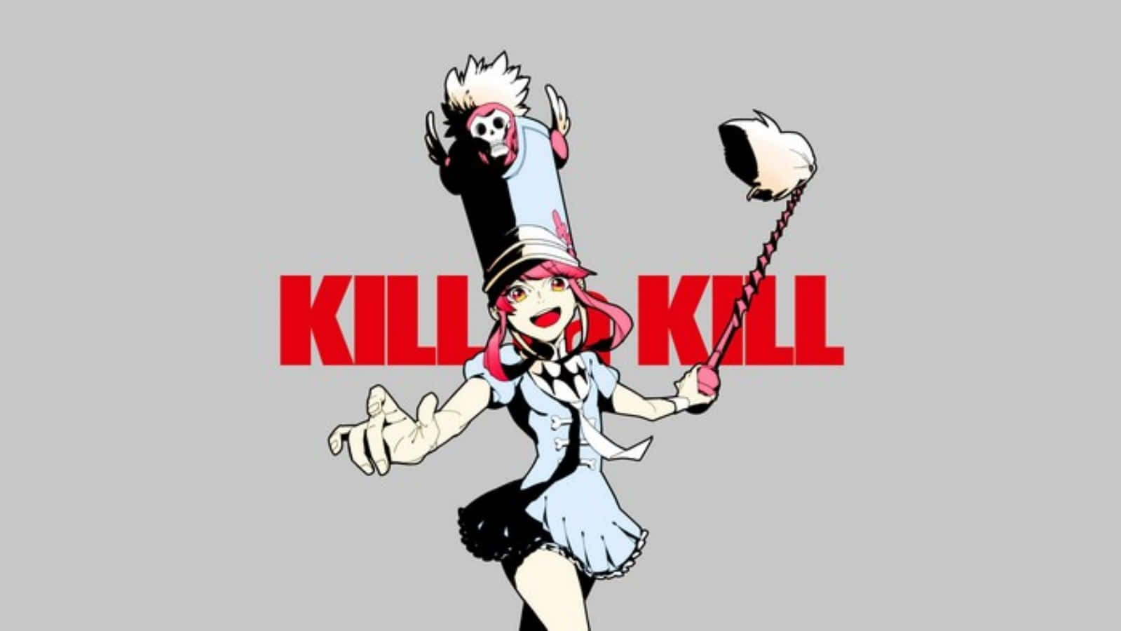 Nonon Jakuzure 桌布 壁紙 — 一個風格化的動漫女僕，戴著骷髏帽，手持鞭子，在灰色背景上動態擺姿勢，並有粗體紅色文字。