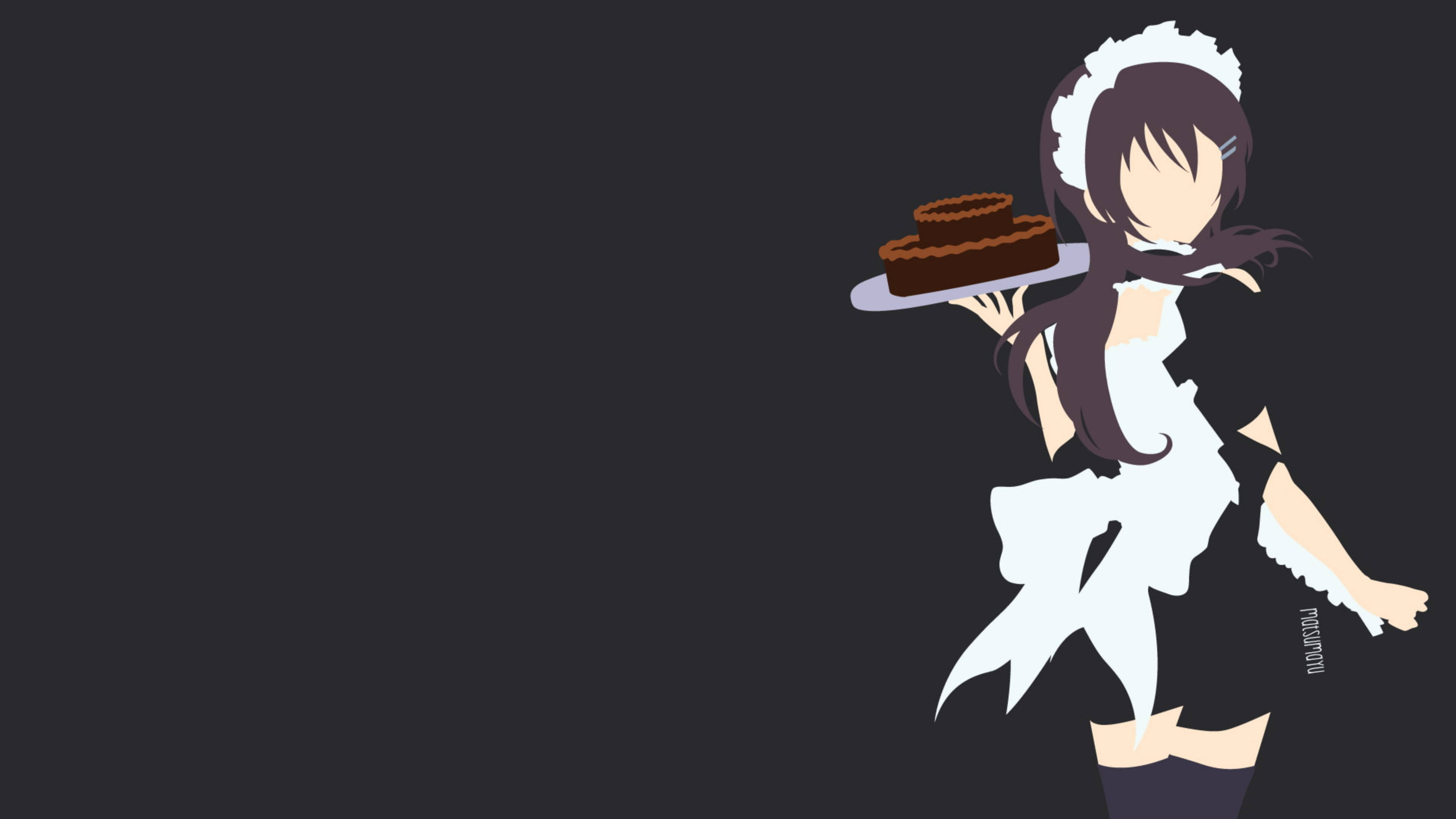 Maid Sama 桌布 壁紙 — 一個風格化的動漫女僕，深色頭髮，白色圍裙，在黑暗背景下托著托盤上的巧克力蛋糕。
