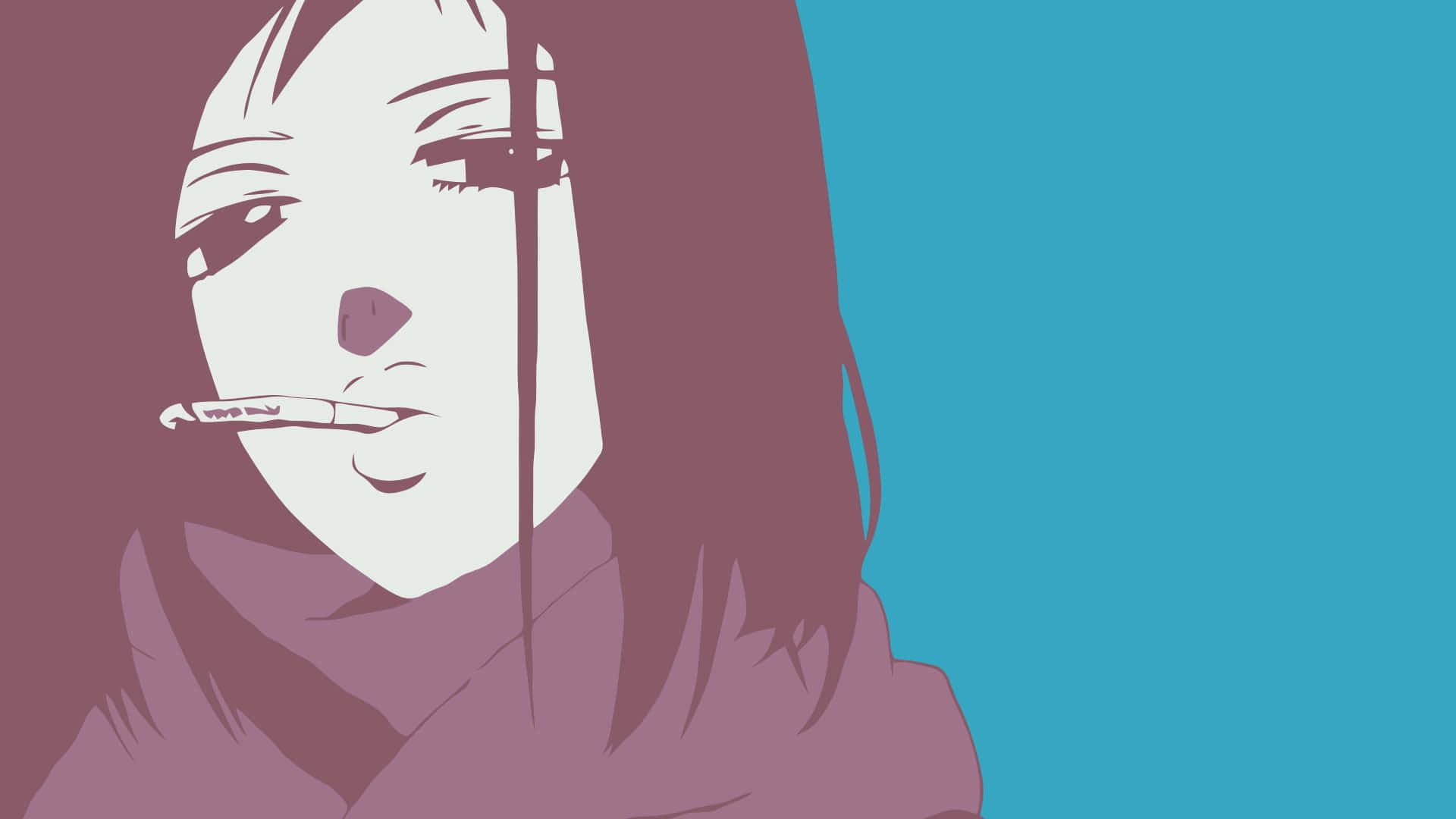Haruko Haruhara 桌布 壁紙 — 一個風格化的動漫女孩，嘴裡叼著香煙，背景是紫色和藍綠色的分割背景。