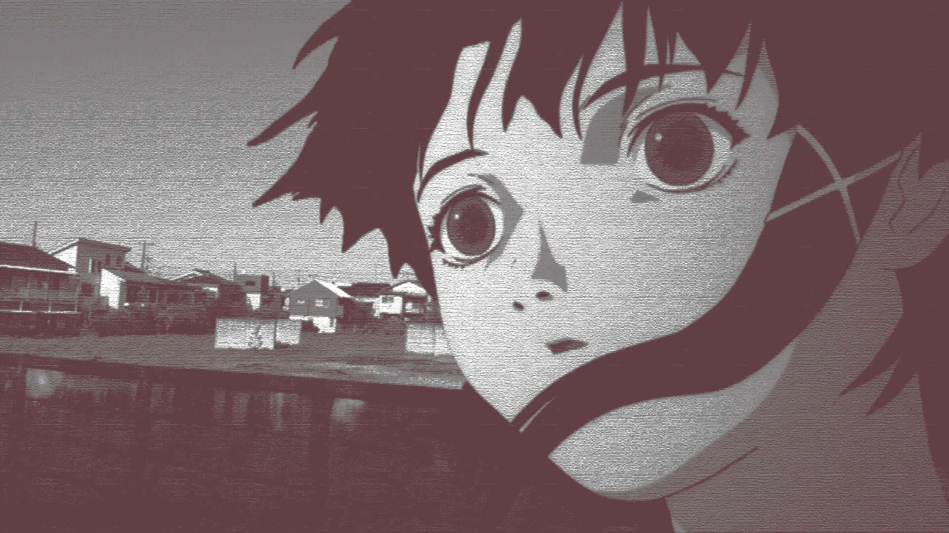 serial experiments lain 桌布 壁紙 — 一個風格化的動漫女孩，大眼睛凝視前方，背景是柔和的水和房屋的郊區。