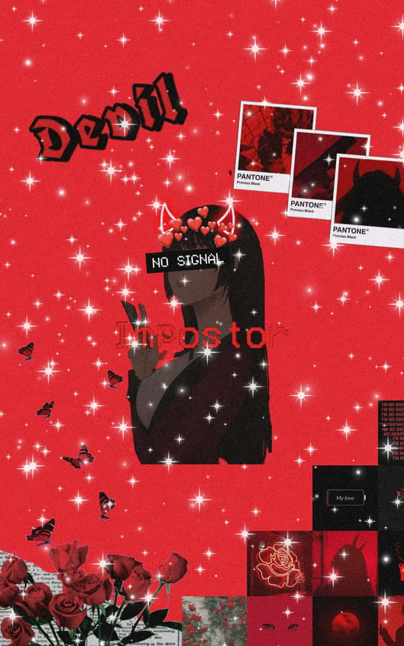 Sparkly 桌布 壁紙 — 一個風格化的動漫女孩，帶有心形角和「NO SIGNAL」文字，背景是閃爍的紅色，點綴著玫瑰和拍立得照片。