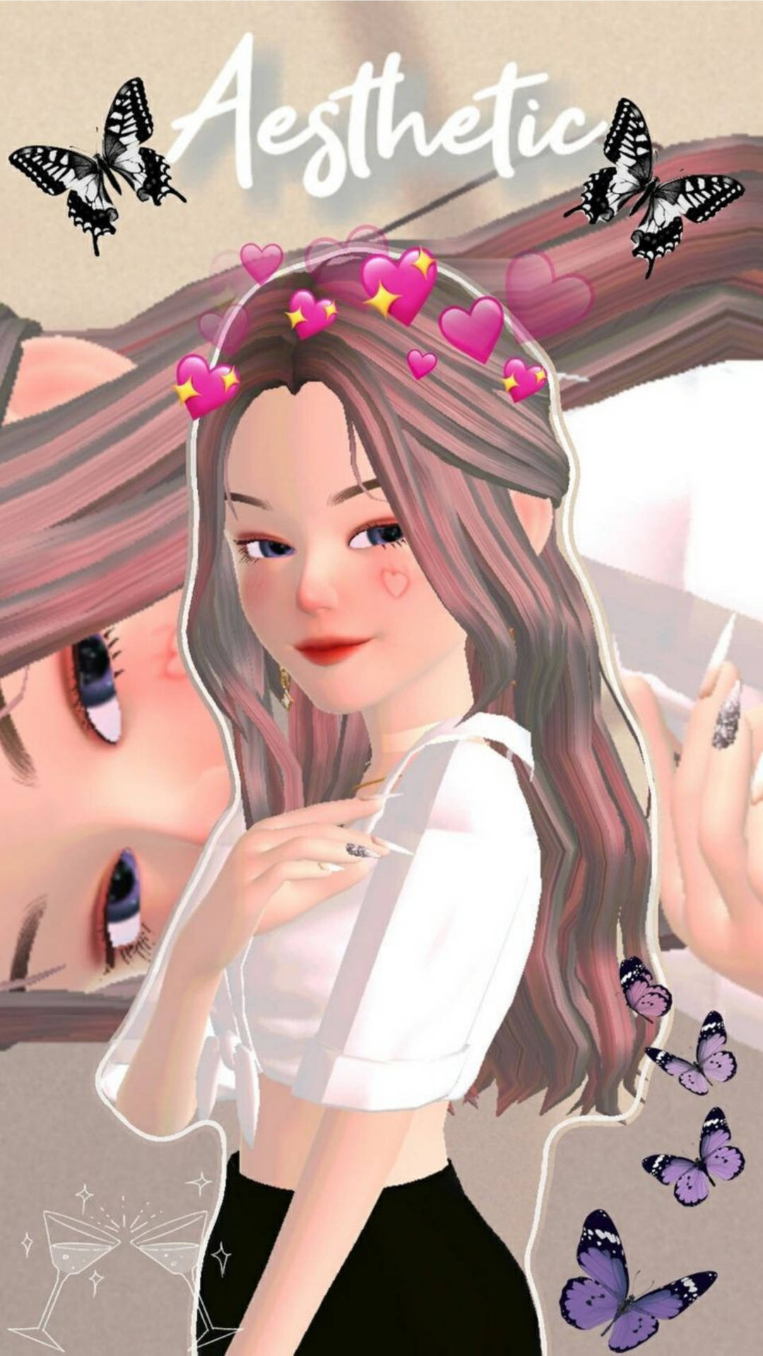 Pretty Aesthetic 桌布 壁紙 — 一個風格化的動漫女孩，帶有粉紅色的心形和蝴蝶，漂浮在柔和的粉彩背景中，並帶有「美學」一詞。