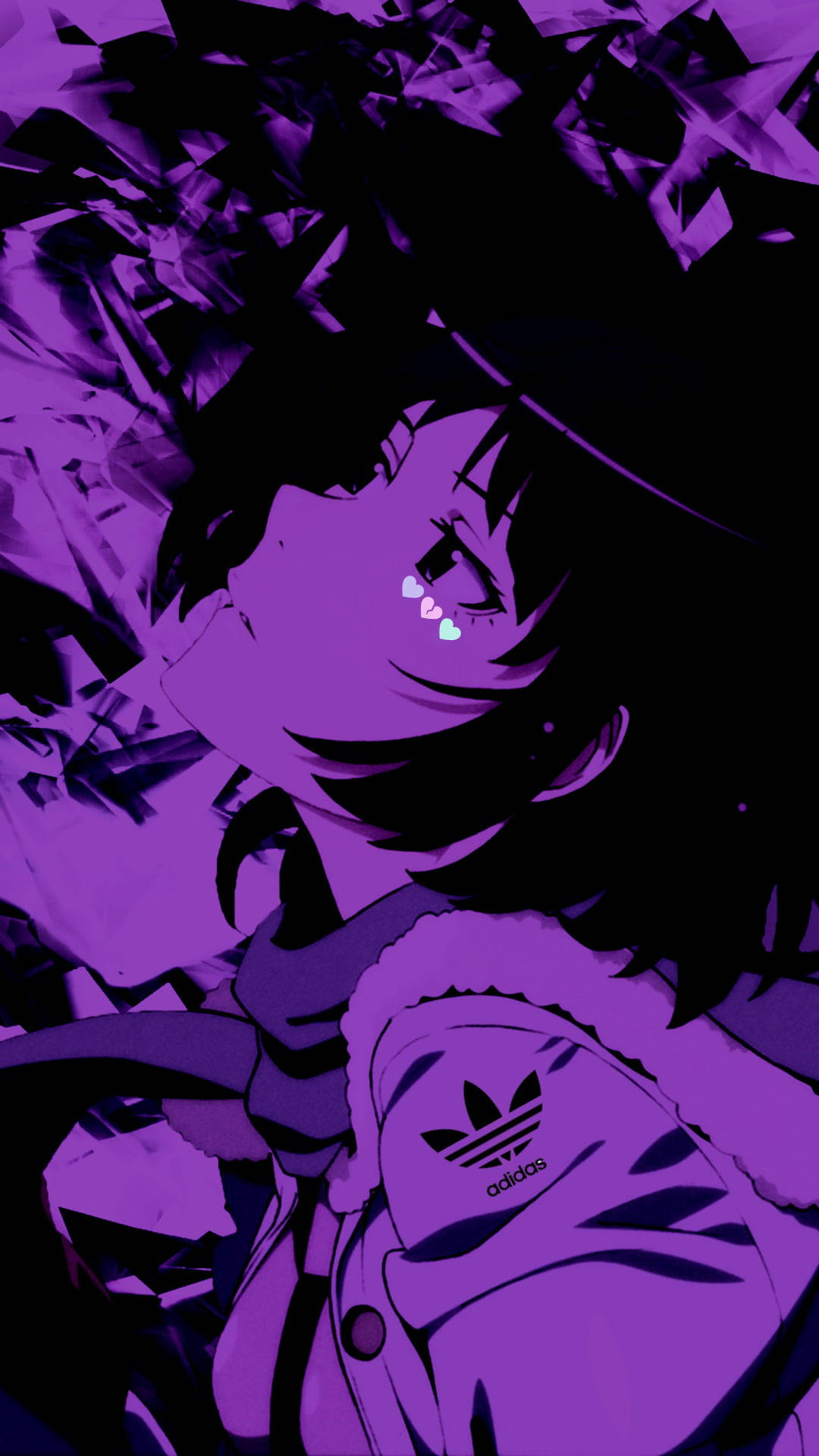 紫色動漫美學 桌布 壁紙 — 一個風格化的動漫女孩，帶著發光的心形眼淚，穿著紫色Adidas外套，背景是破碎的玻璃。