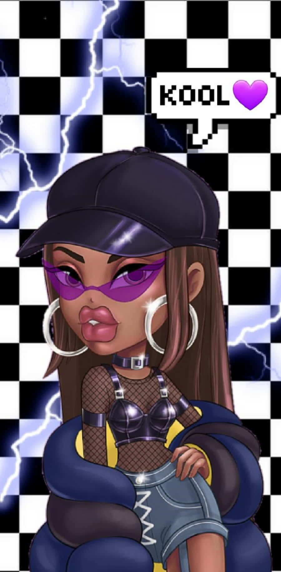 Checkered 桌布 壁紙 — 一個風格化的動漫女孩，戴著紫色太陽眼鏡和帽子，自信地站在帶有閃電的格子背景前。