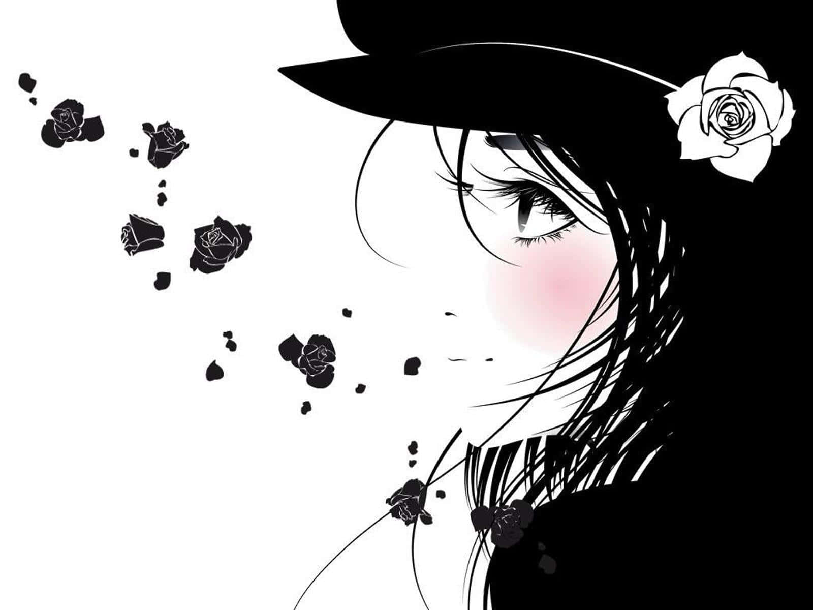 Black And White Anime 桌布 壁紙 — 一個風格化的動漫女孩，戴著黑色帽子，旁邊有一朵白玫瑰，黑色玫瑰碎片在她臉龐飄散。
