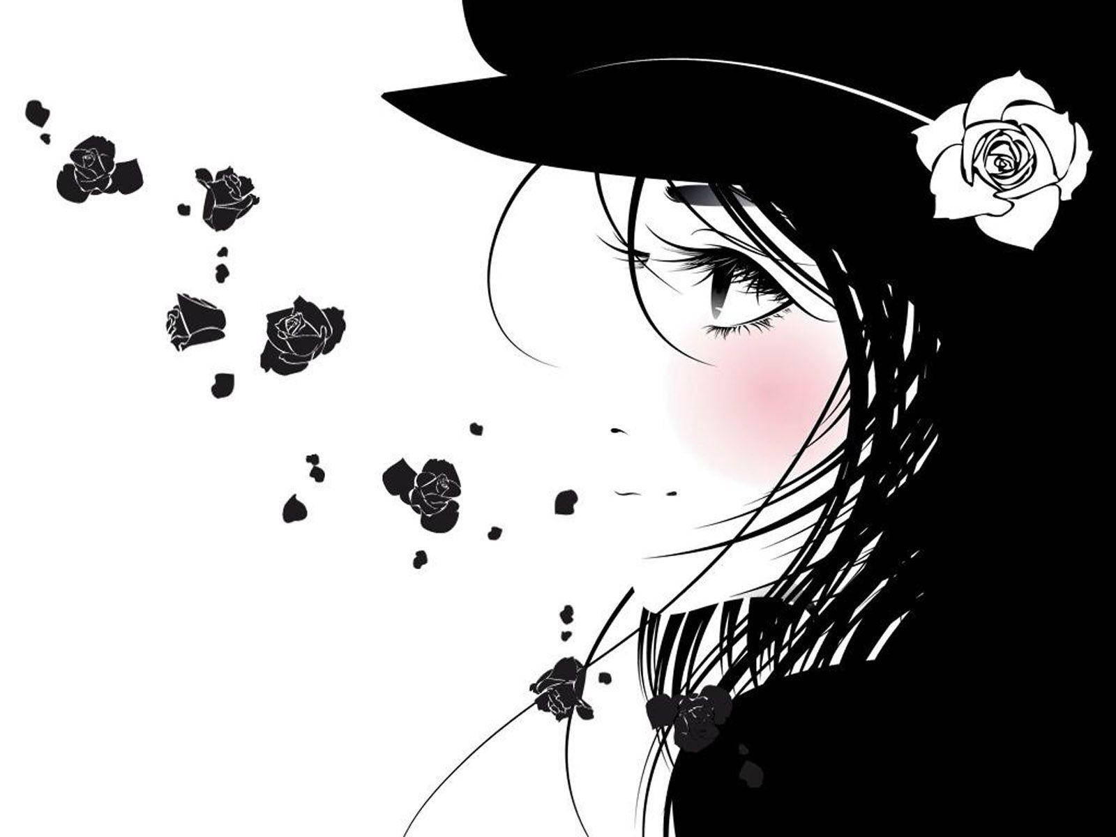 黑色動畫gif 桌布 壁紙 — 一個風格化的動漫女孩，戴著黑色帽子，旁邊有一朵白玫瑰，黑色玫瑰碎片在她臉龐周圍飄散。