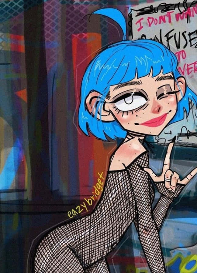 Grunge Cartoon 桌布 壁紙 — 一個風格化的動漫女孩，擁有亮藍色頭髮和雀斑，在塗鴉覆蓋的城市牆前比出和平手勢。