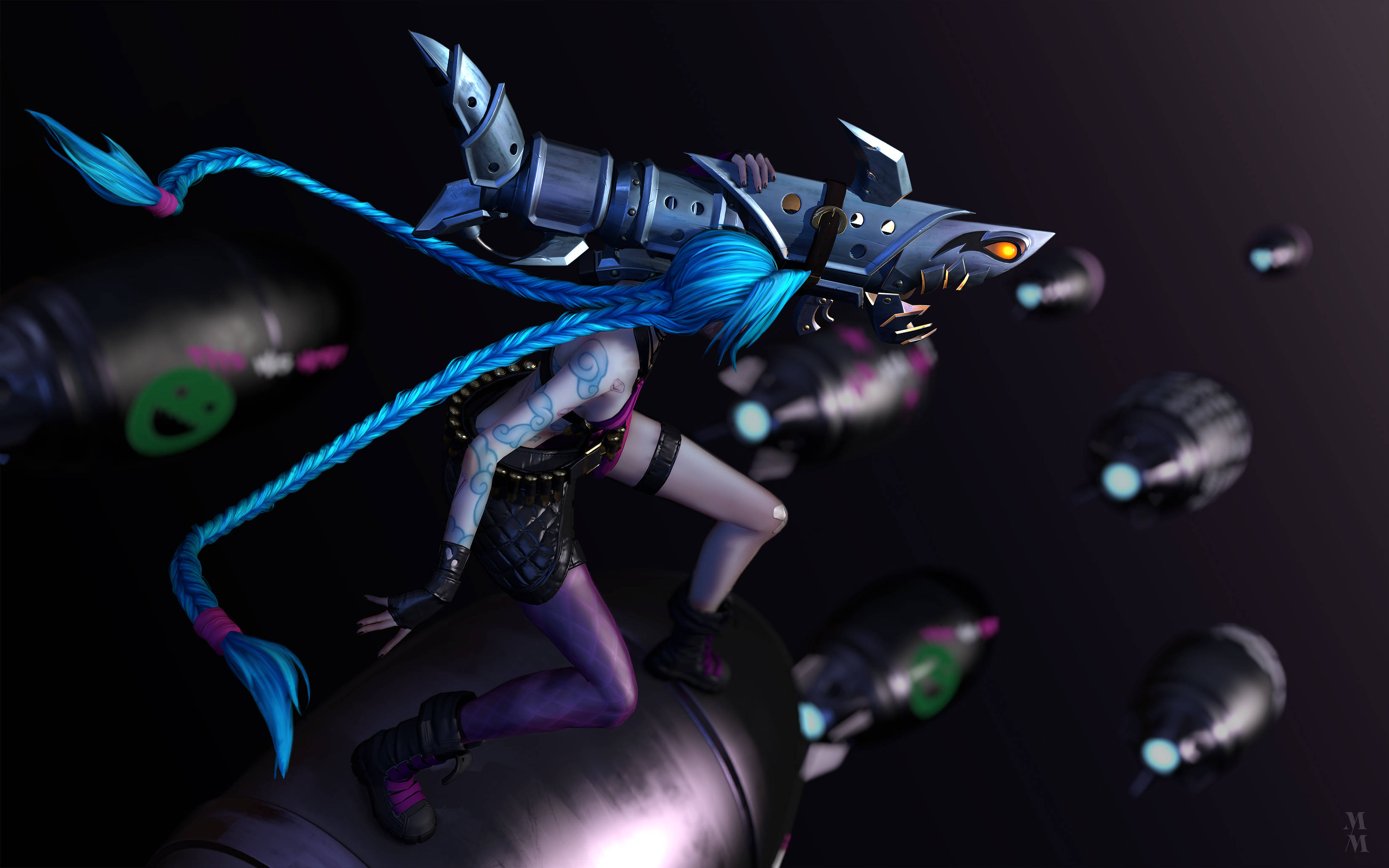 Jinx 桌布 壁紙 — 一個風格化的動漫女孩，擁有充滿活力的藍色辮子，在黑暗空間中揮舞著未來武器，周圍漂浮著炸彈。