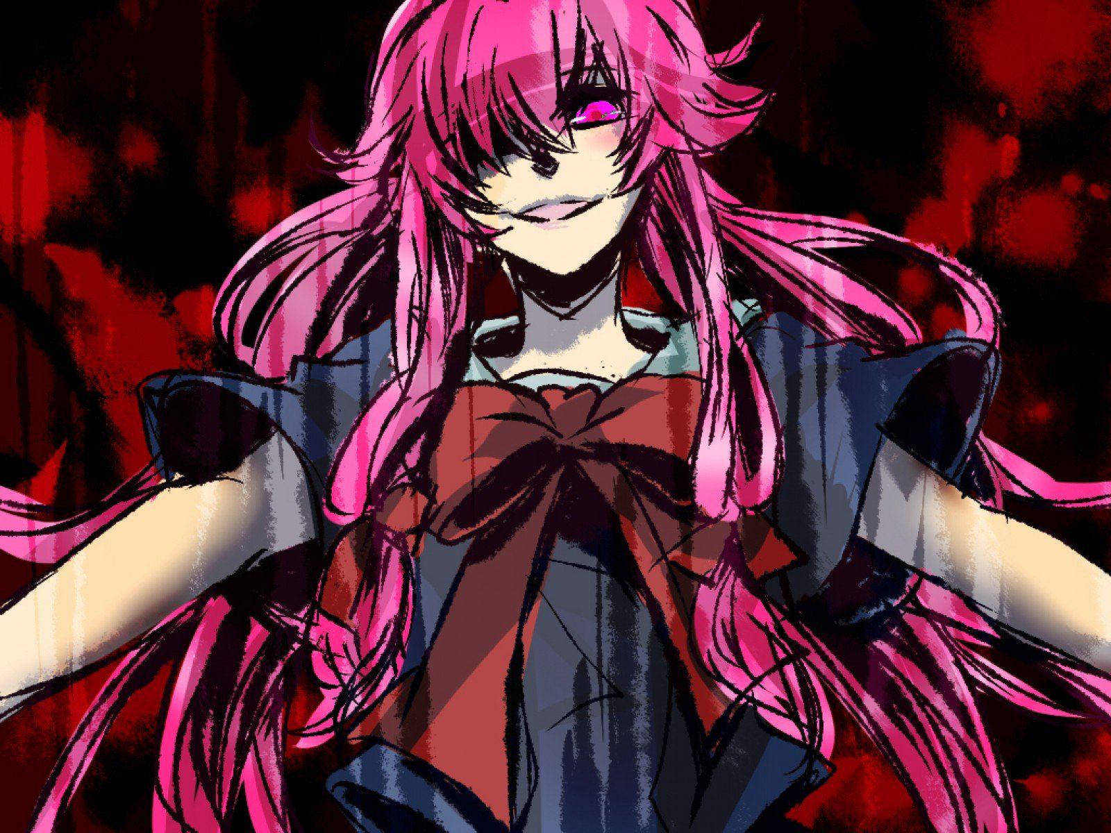 Yuno 桌布 壁紙 — 一個風格化的動漫女孩，擁有充滿活力的粉紅色頭髮和發光的眼睛，站在深紅色抽象背景前。