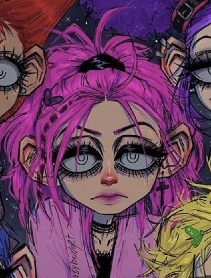 Grunge Cartoon 桌布 壁紙 — 一個風格化的動漫女孩，擁有充滿活力的粉紅色頭髮和大眼睛，被其他角色包圍在宇宙紫色背景前。