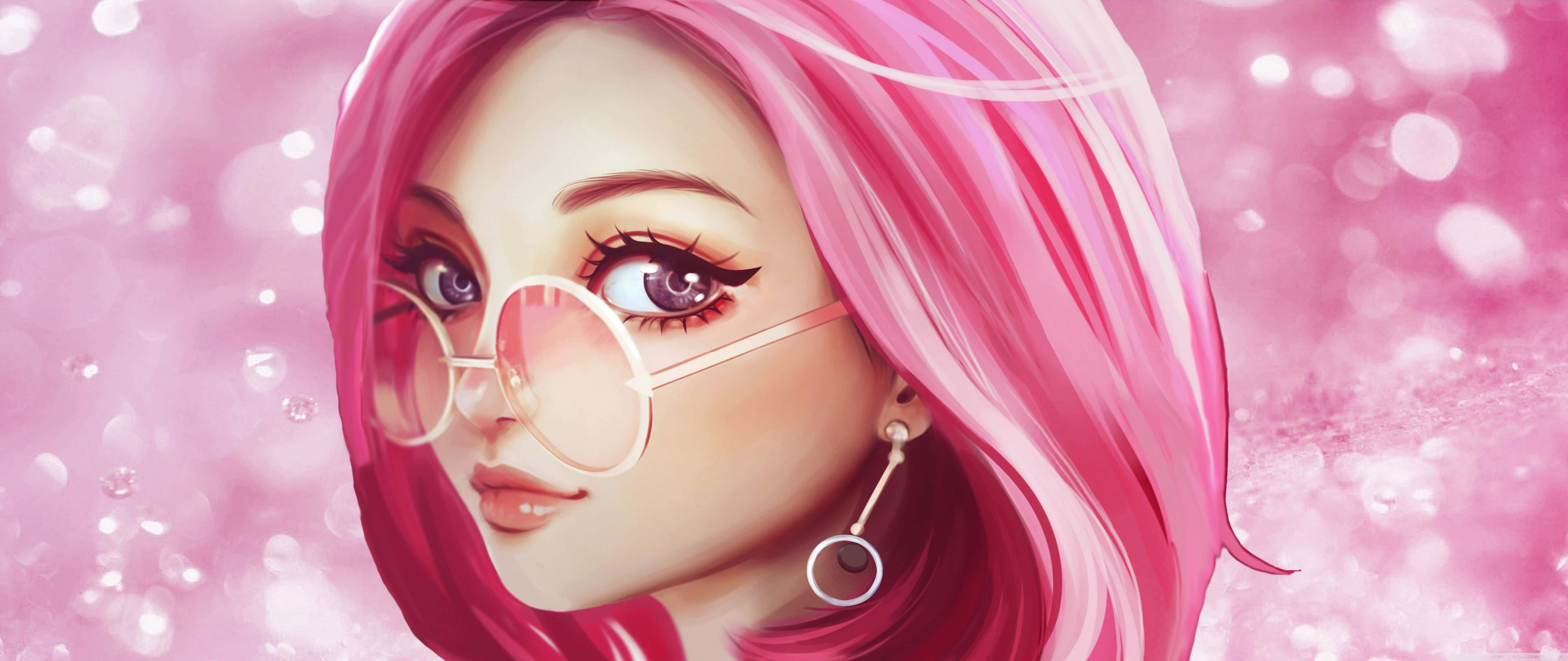 Art Drawing 桌布 壁紙 — 一個風格化的動漫女孩，擁有充滿活力的粉紅色頭髮和圓形眼鏡，在閃爍的粉紅色散景背景中柔和地凝視。