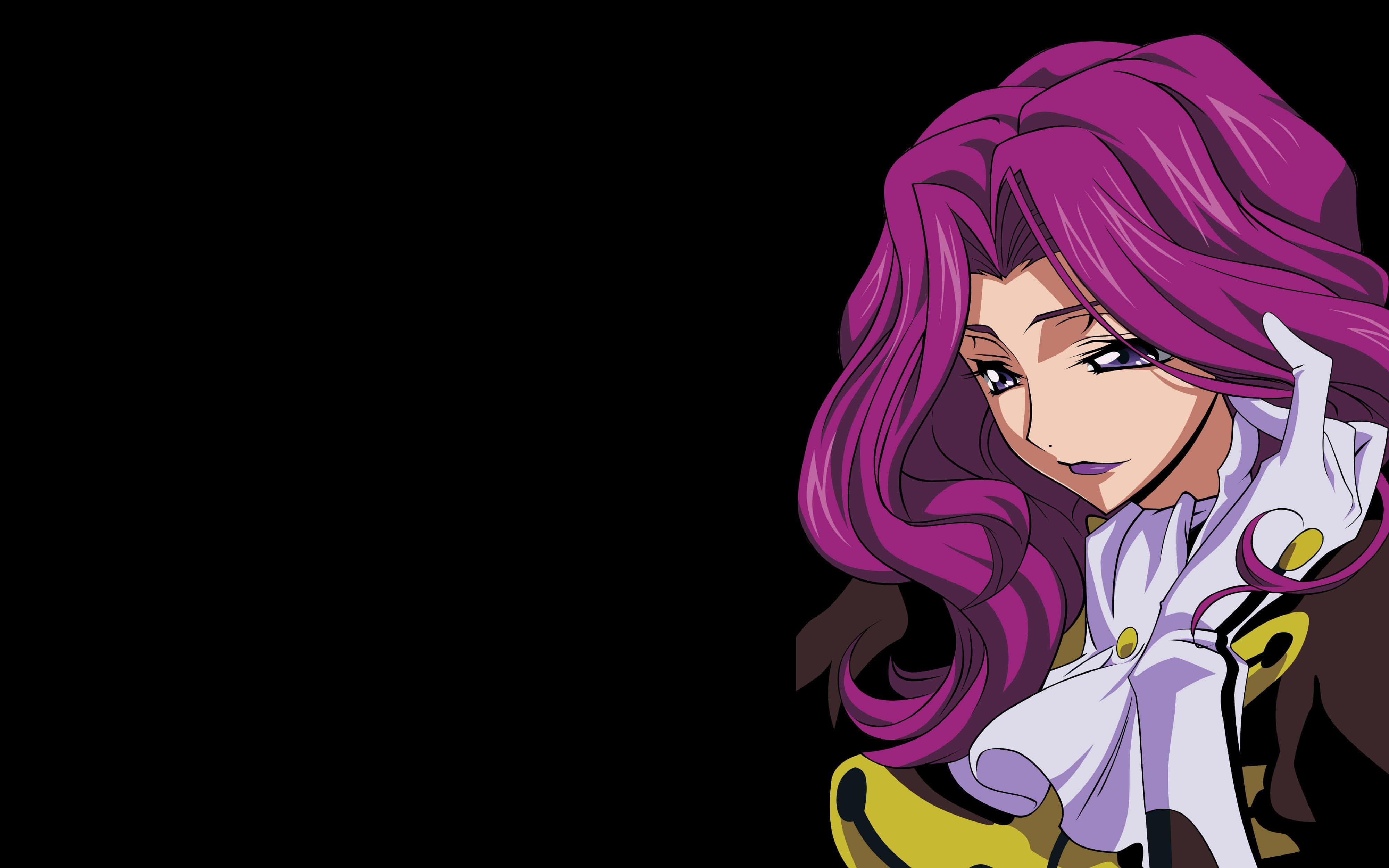 Cornelia Li Britannia 桌布 壁紙 — 一個風格化的動漫女孩，擁有充滿活力的紫色頭髮和白色服裝，在純黑色背景前擺姿勢。