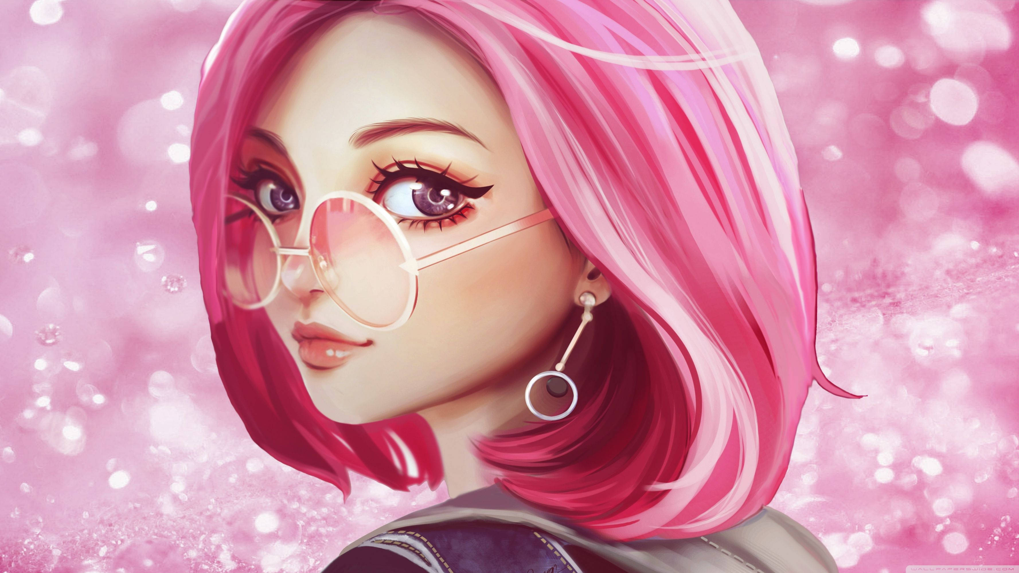 Pretty Girl Cartoon 桌布 壁紙 — 一個風格化的動漫女孩，擁有充滿活力的粉紅色頭髮和圓形眼鏡，在閃爍的粉紅色散景背景下溫柔地凝視。
