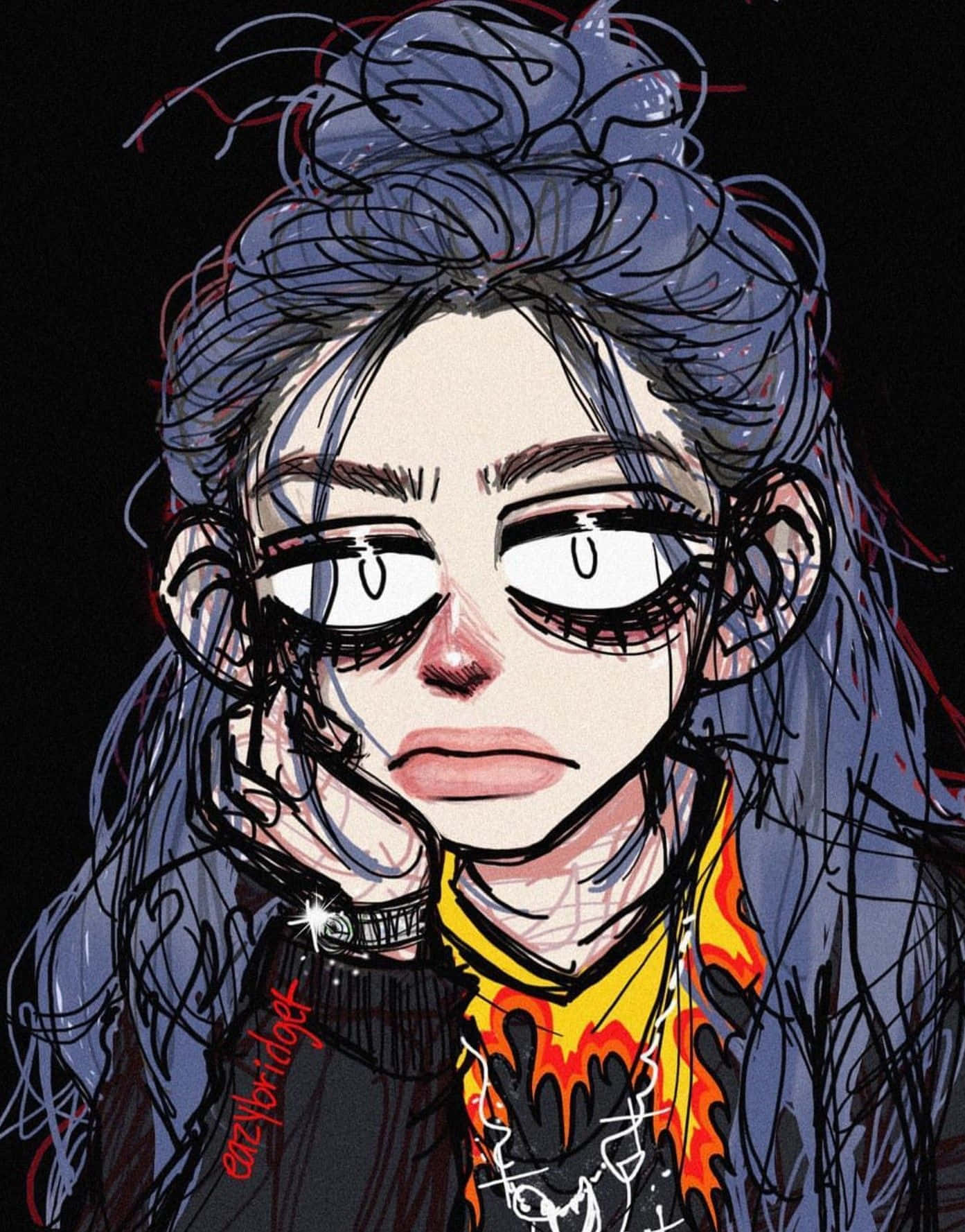Grunge Cartoon 桌布 壁紙 — 一個風格化的動漫女孩，擁有凌亂的藍色頭髮和大眼睛，在黑暗背景下強烈凝視。