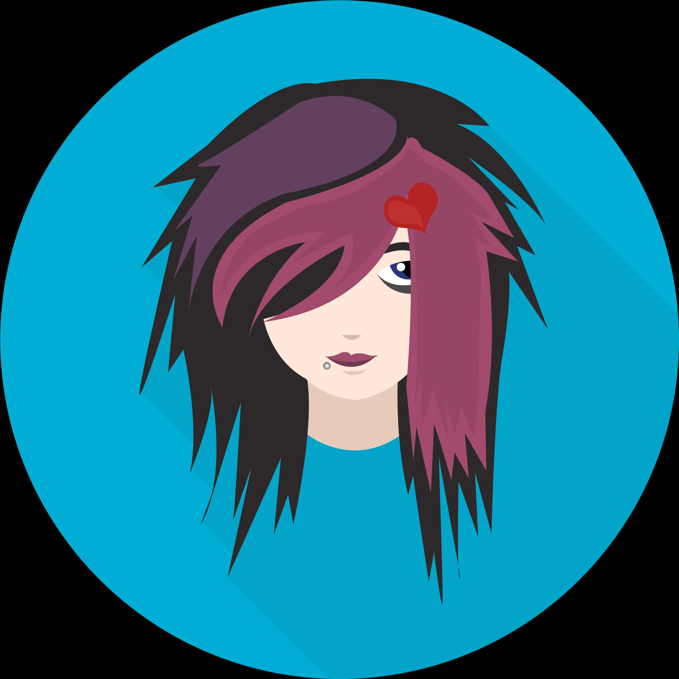emo 桌布 壁紙 — 一個風格化的動漫女孩，擁有尖刺的紫色和黑色頭髮，額頭上有一個紅色的心形，背景是明亮的藍色圓形。