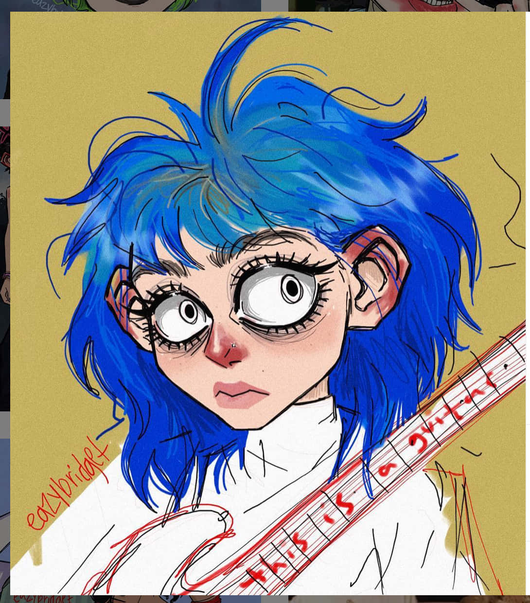 Grunge Cartoon 桌布 壁紙 — 一個風格化的動漫女孩，擁有尖刺的藍色頭髮和大眼睛，在芥末黃色背景前拿著吉他。