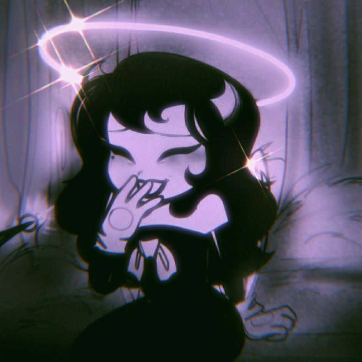 Cartoon 桌布 壁紙 — 一個風格化的動漫女孩，擁有惡魔角和發光的光環，在昏暗、陰鬱的場景中捂住嘴巴。