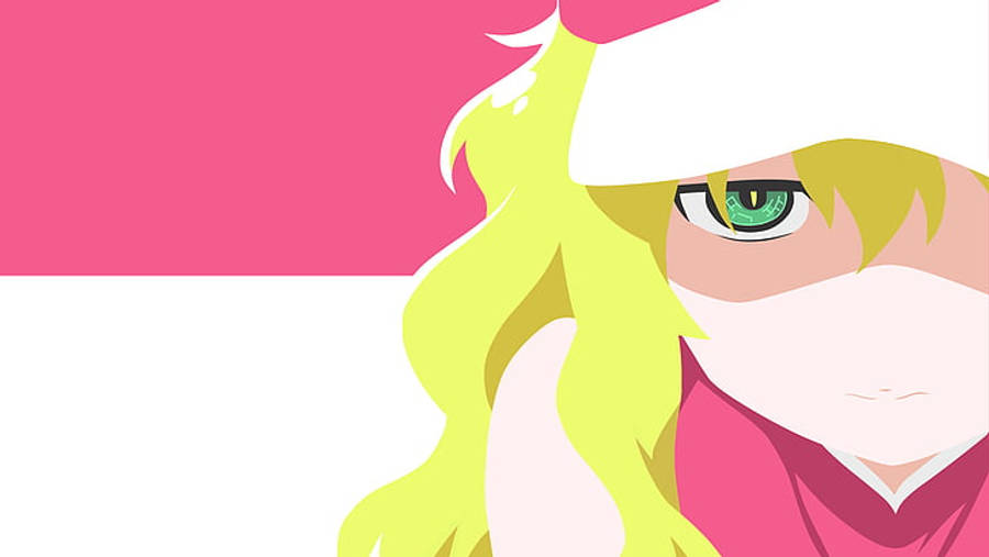 Lucoa 桌布 壁紙 — 一個風格化的動漫女孩，擁有明亮的黃色頭髮和綠色眼睛，戴著白色帽子，穿著粉紅色服裝，背景是醒目的粉紅色和白色。