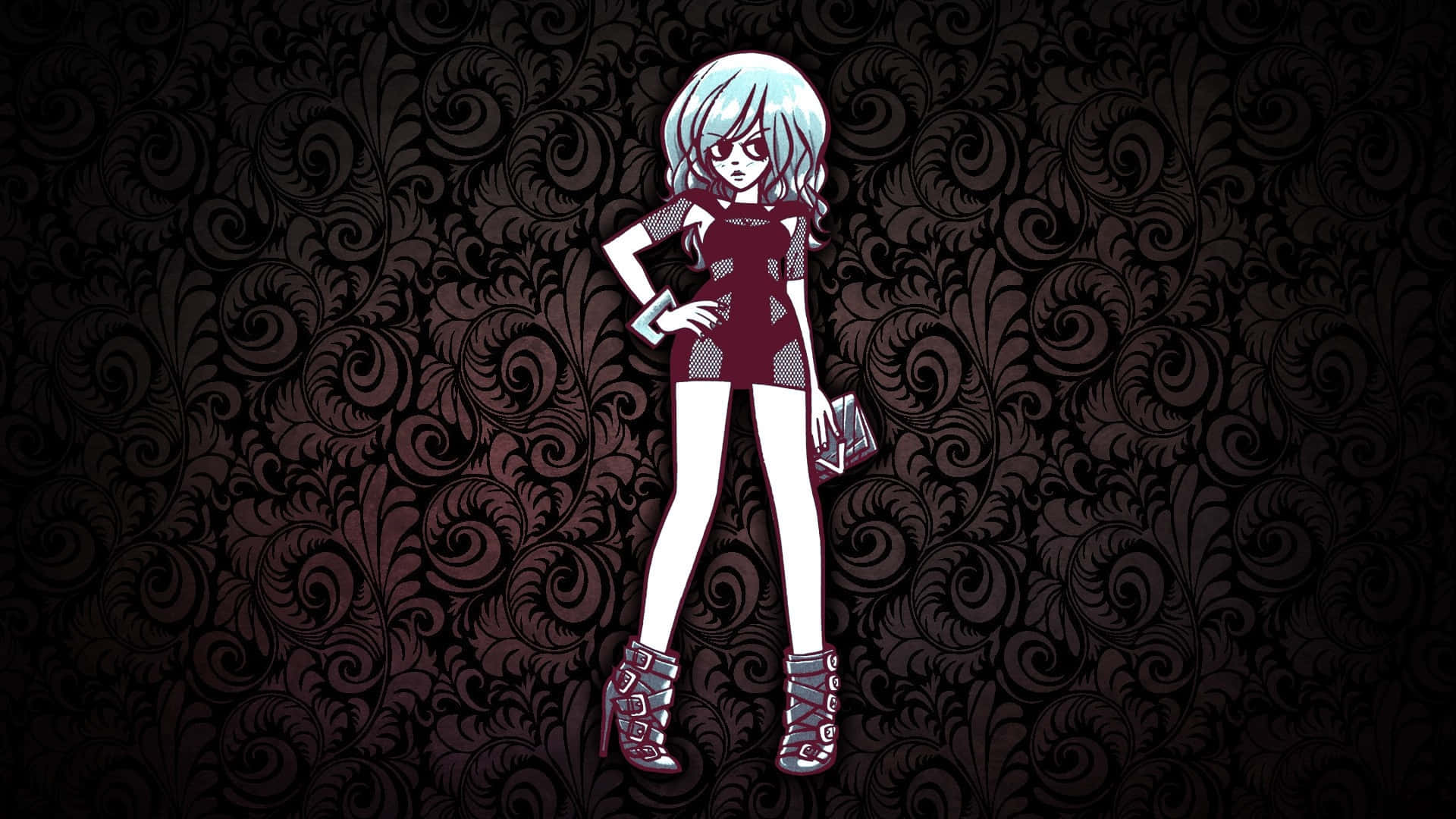 scott pilgrim 桌布 壁紙 — 一個風格化的動漫女孩，擁有淡藍色頭髮和紅色連衣裙，自信地站在深色華麗花卉壁紙前。