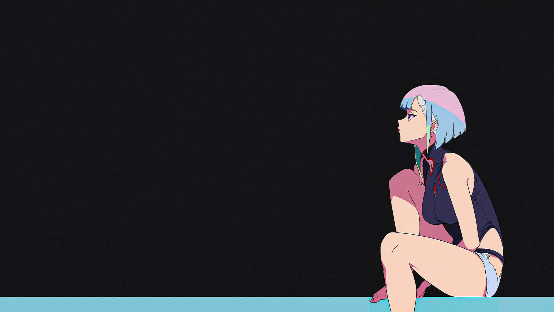 Cyberpunk Laptop 桌布 壁紙 — 一個風格化的動漫女孩，擁有淡藍色頭髮，獨自坐在純黑色背景前，若有所思地望向一旁。