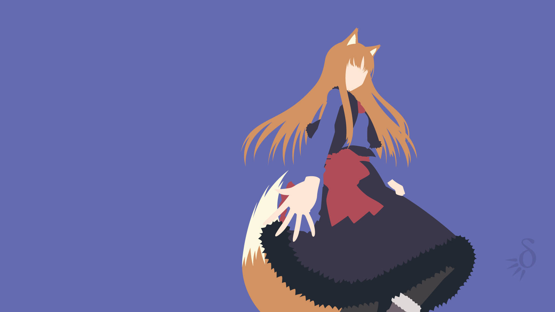 Minimalist Anime 桌布 壁紙 — 一個風格化的動漫女孩，擁有狐狸耳朵和長尾巴，優雅地坐在純紫色背景前。