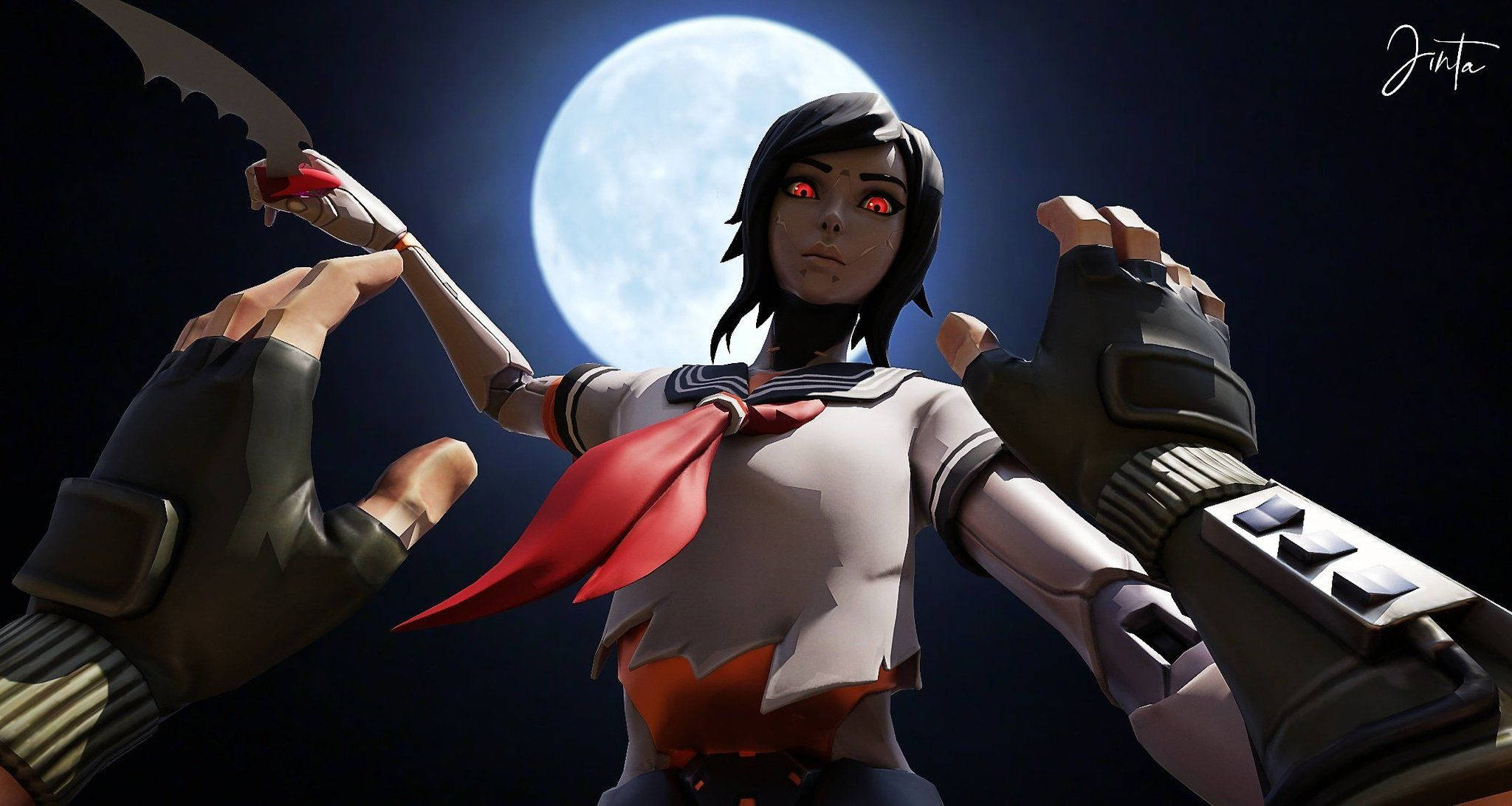 tsuki fortnite 桌布 壁紙 — 一個風格化的動漫女孩，擁有發光的紅眼睛和機械手臂，在滿月背景下握著刀刃。
