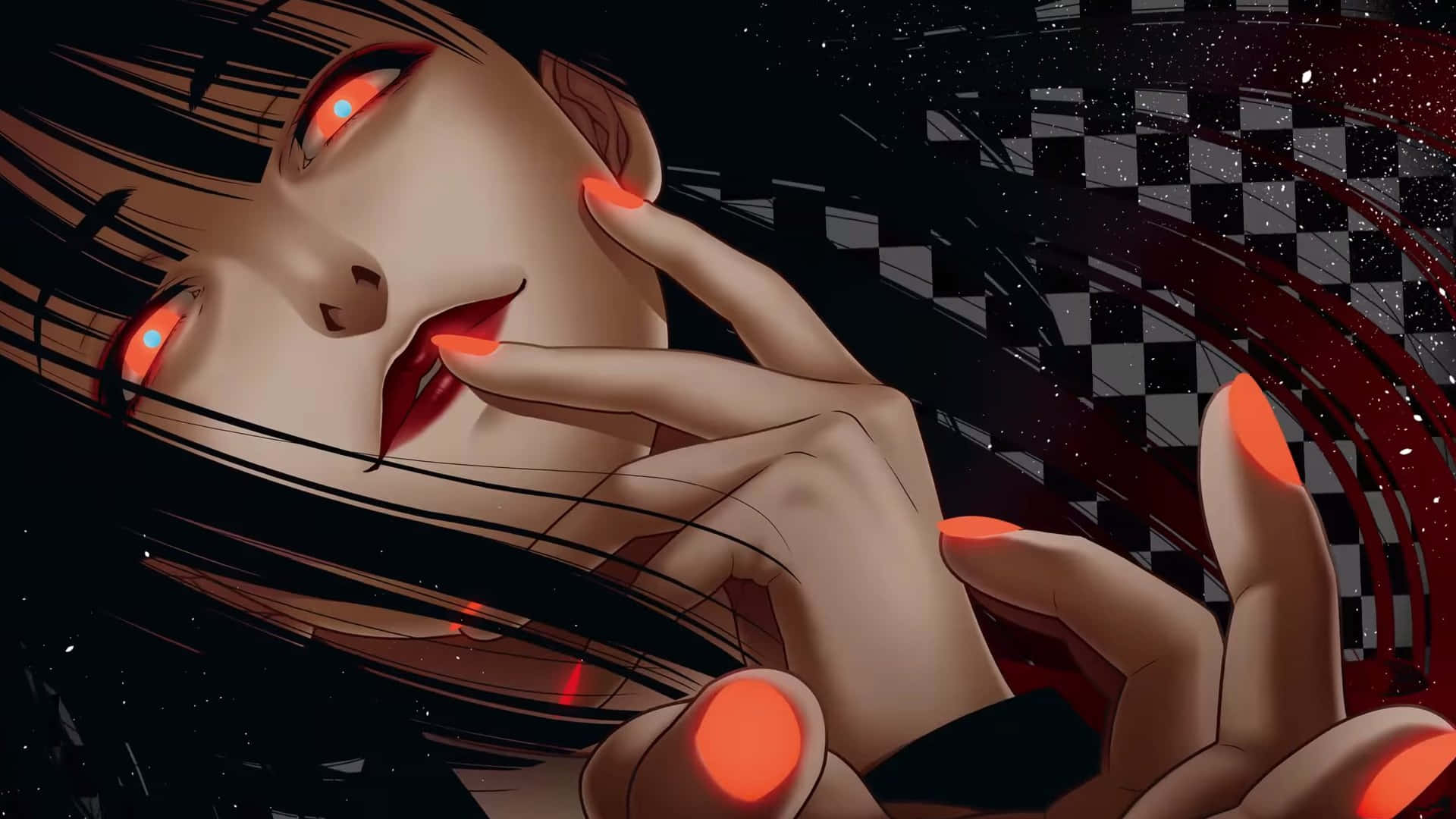 Kakegurui 桌布 壁紙 — 一個風格化的動漫女孩，擁有發光的紅色眼睛和指甲，觸摸她的臉對著格子宇宙背景。