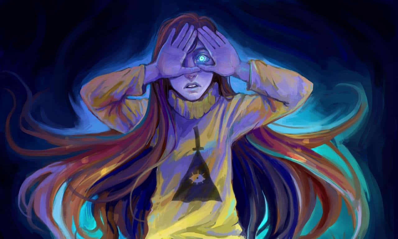 illuminati 桌布 壁紙 — 一個風格化的動漫女孩，擁有發光的藍色眼睛和流動的多色頭髮，在黑暗旋轉的背景前用手遮住臉。