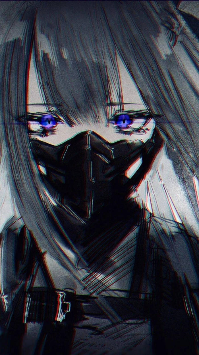 女孩 桌布 壁紙 — 一個風格化的動漫女孩，擁有發光的紫色眼睛和黑色面具，以銳利的筆觸藝術強烈凝視。