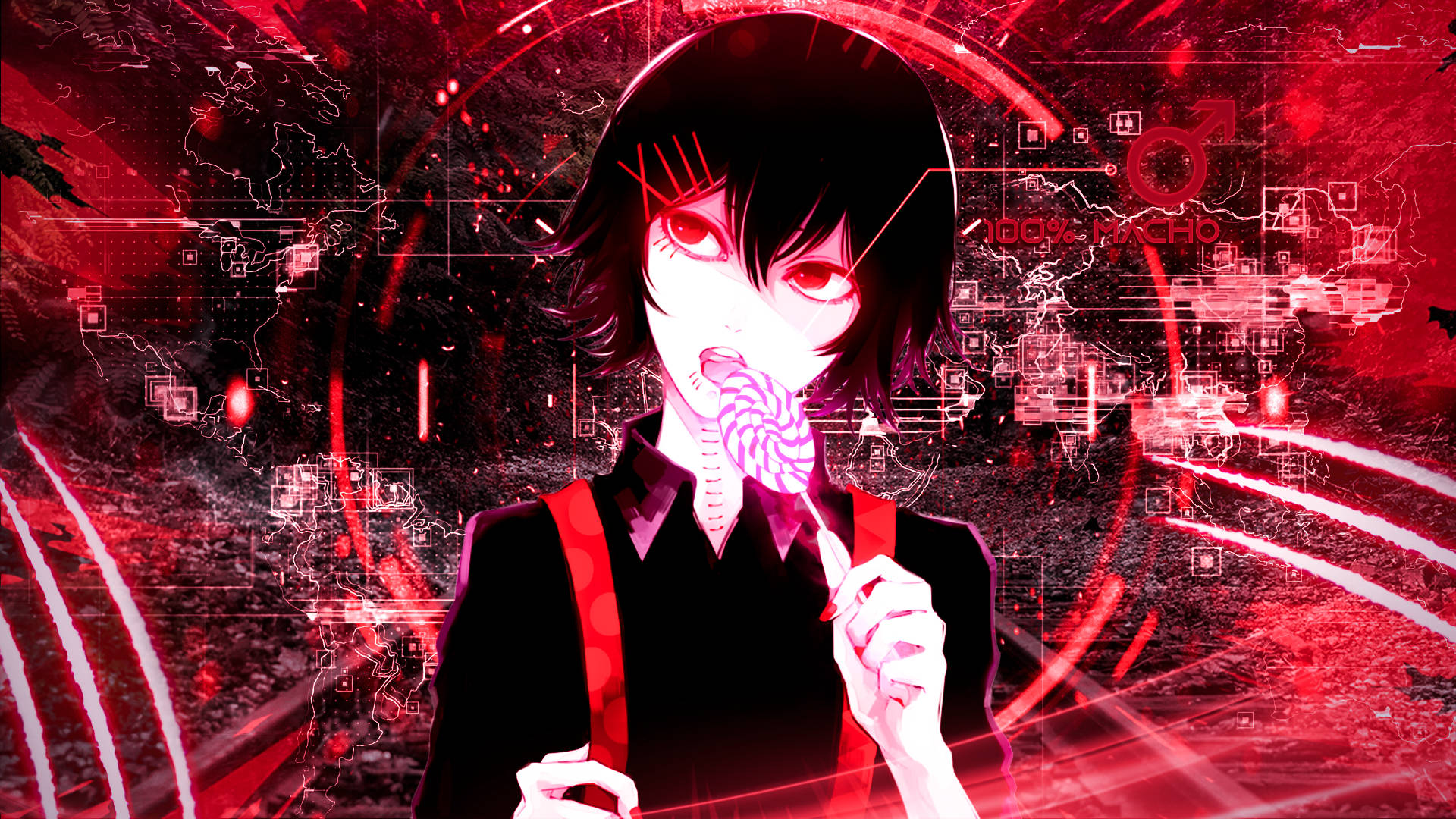Juuzou Tokyo Ghoul 4K 桌布 壁紙 — 一個風格化的動漫女孩，擁有發光的紅色眼睛，在帶有電路圖案的故障紅色數位背景前拿著棒棒糖。