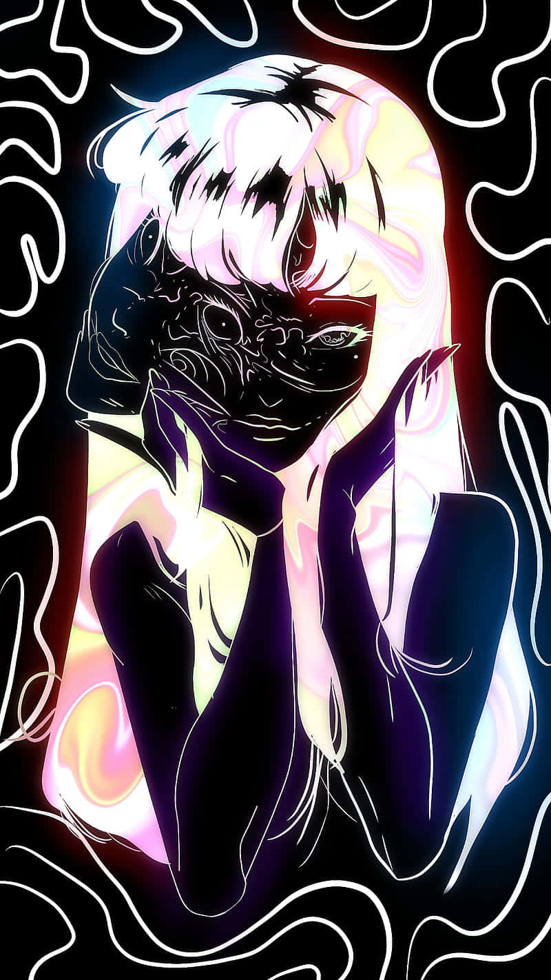 女孩 桌布 壁紙 — 一個風格化的動漫女孩，擁有發光的白色頭髮和黑色面具，在霓虹燈光下的抽象漩渦中捧著臉。