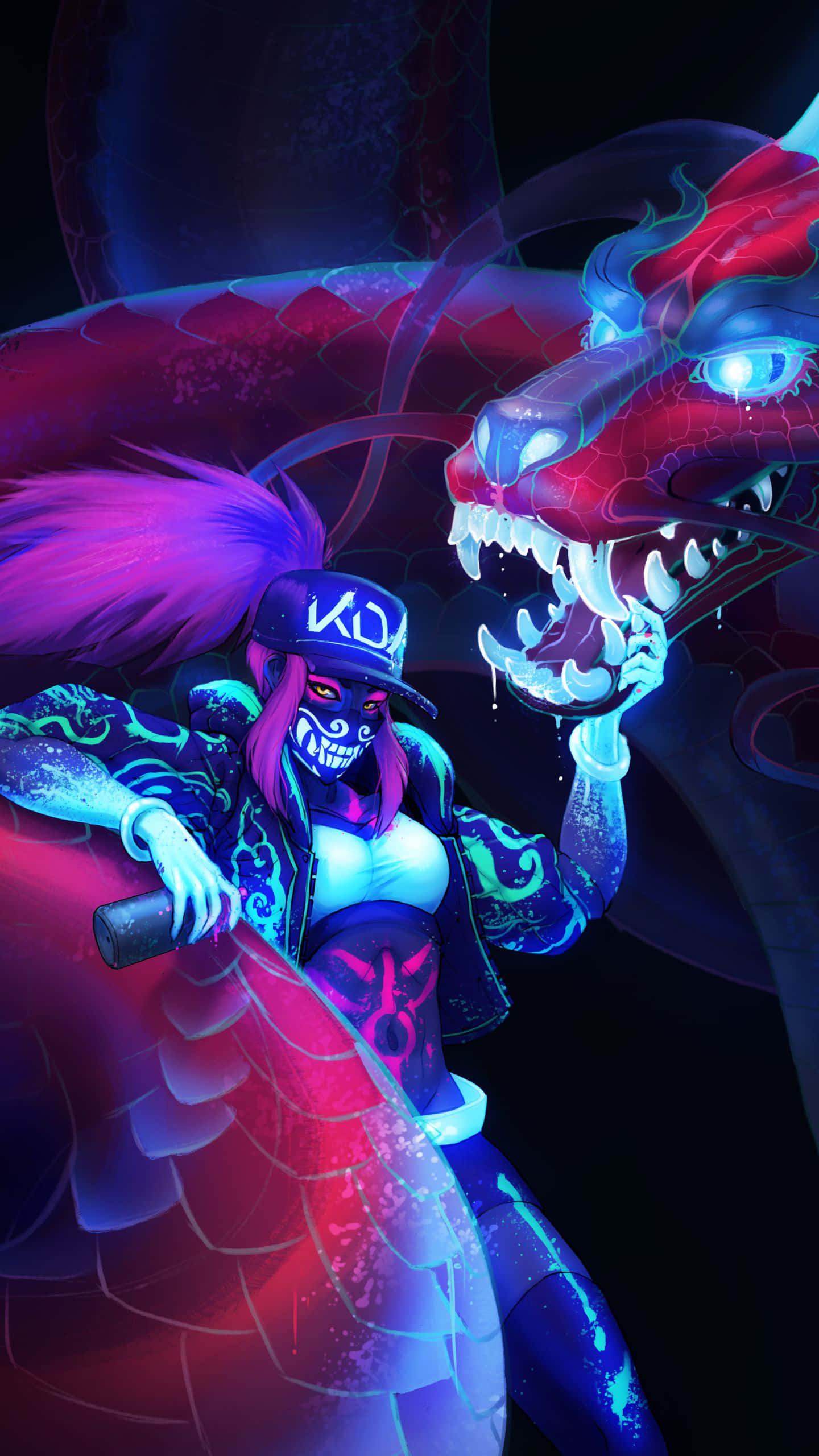 League Of Legends Phone 桌布 壁紙 — 一個風格化的動漫女孩，擁有發光的紫色頭髮和骷髏面具，騎著一條帶有發光藍色眼睛的兇猛紅龍，背景為黑暗。