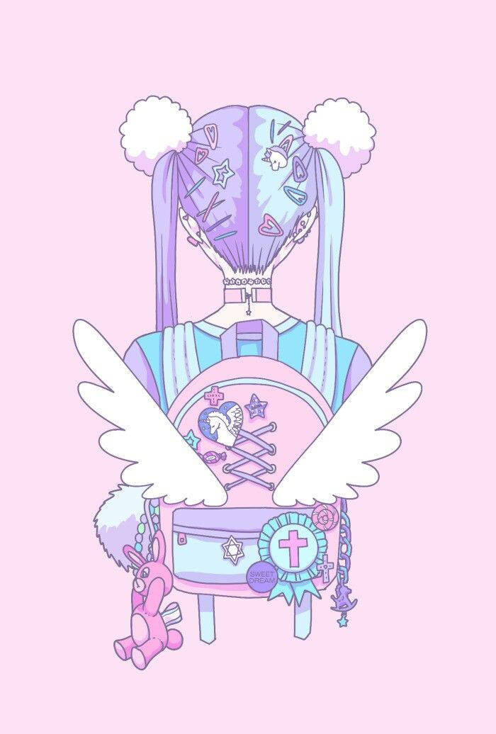 Pastel Goth 桌布 壁紙 — 一個風格化的動漫女孩，擁有粉紫色和藍色的雙馬尾，飾有貼紙和白色絨球，背著一個帶有天使翅膀和可愛配飾的粉紅色背包，背景是柔和的粉紅色。