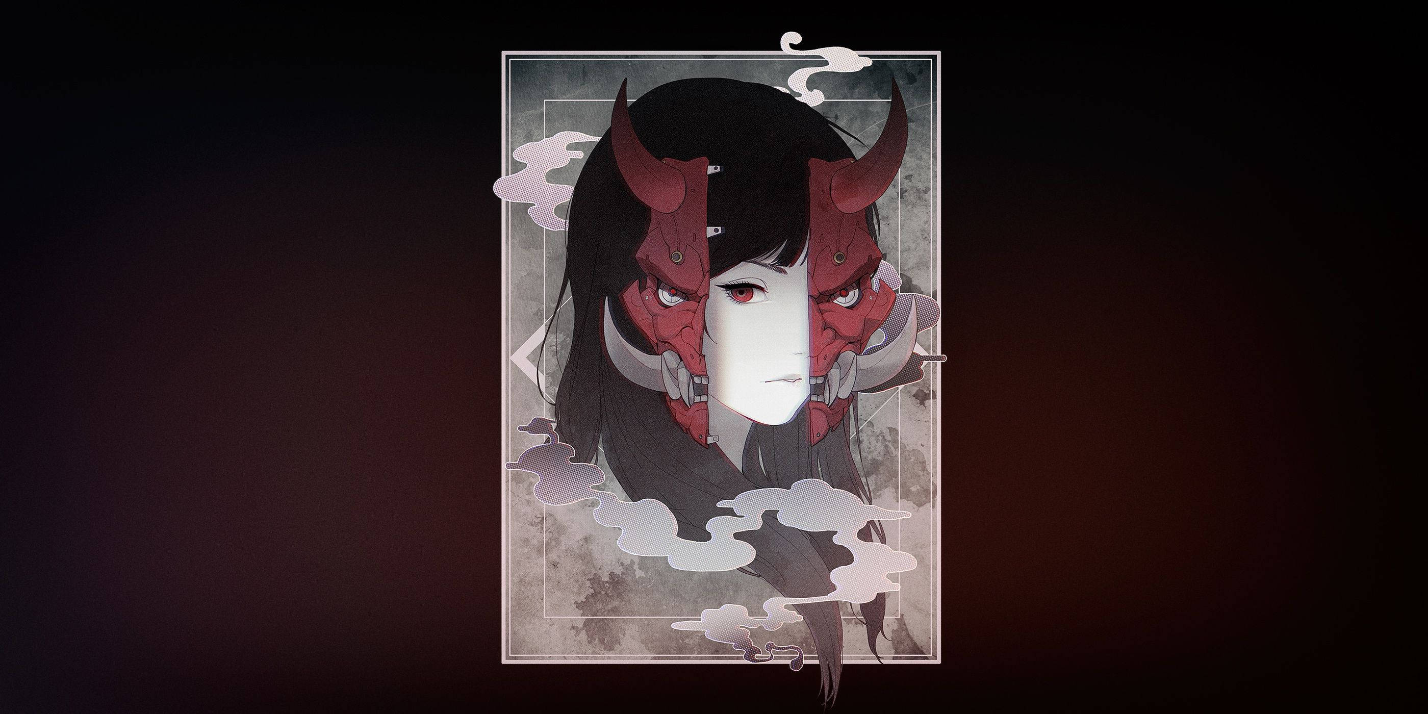 Oni 桌布 壁紙 — 一個風格化的動漫女孩，擁有紅色惡魔角和白色面具，在深色漸變背景上被旋轉的煙霧環繞。