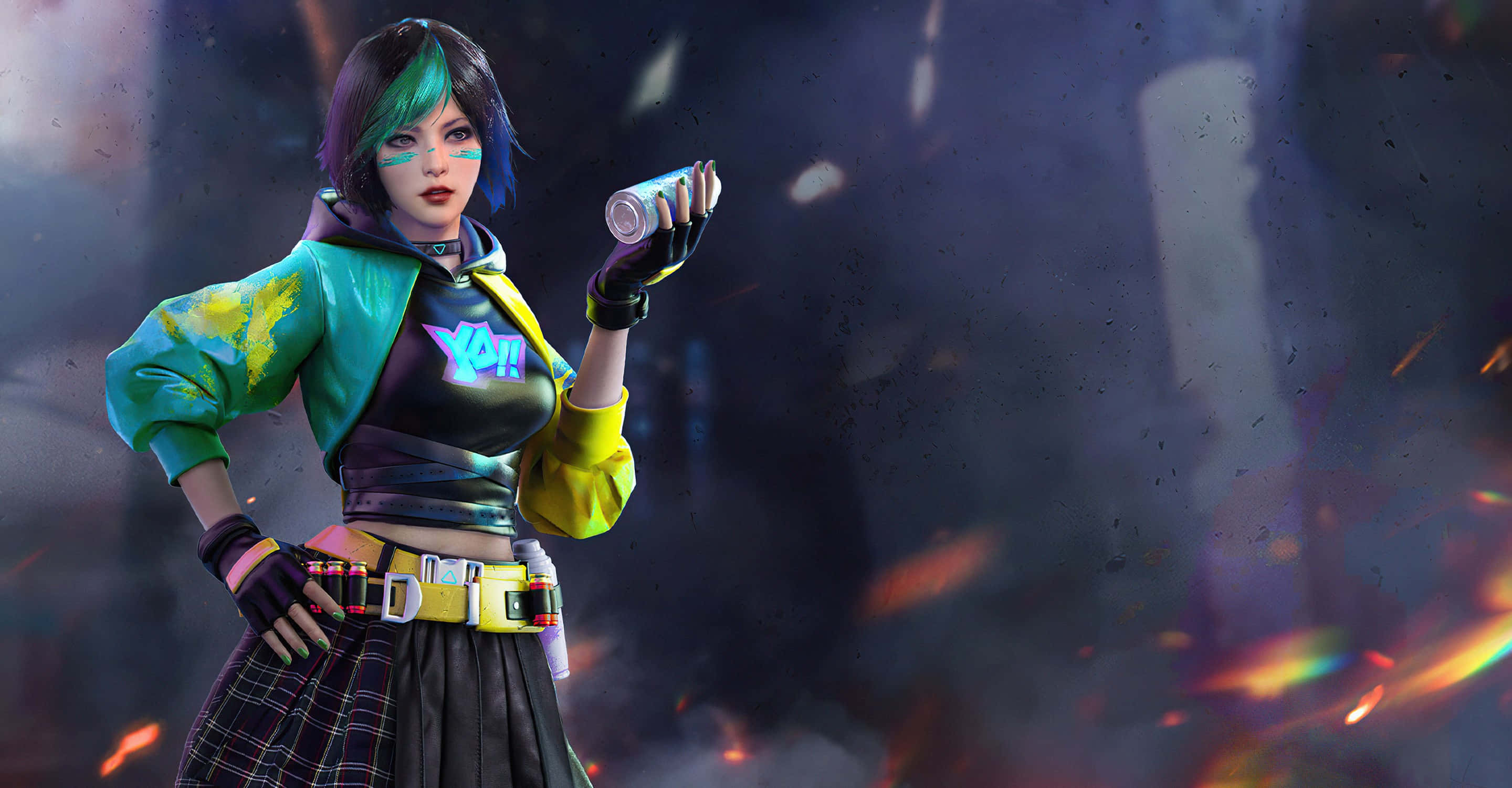 free fire 4K 桌布 壁紙 — 一個風格化的動漫女孩，擁有綠色和紫色的頭髮，在煙霧繚繞的火熱背景下拿著噴霧罐。