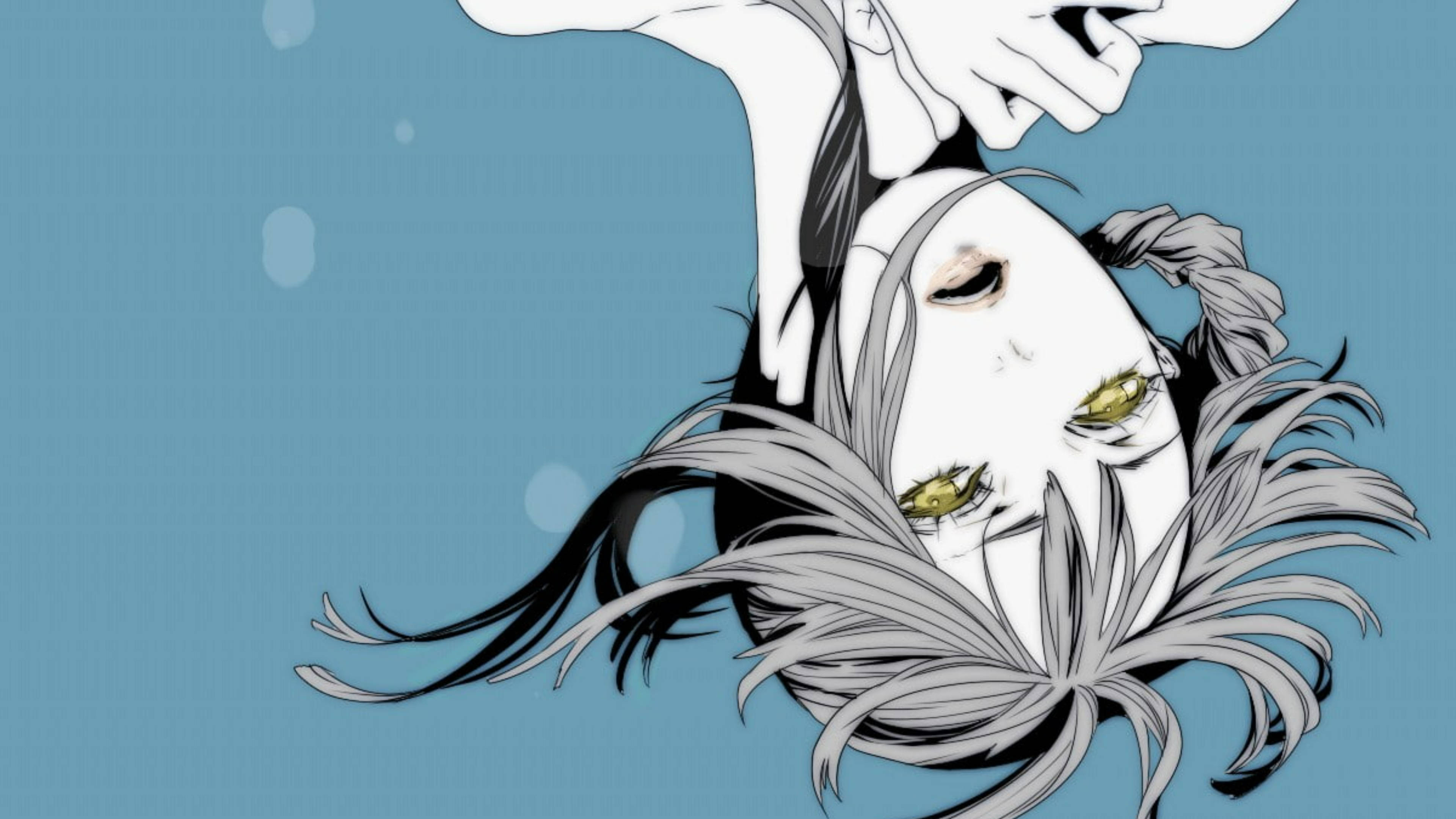 Nier 桌布 壁紙 — 一個風格化的動漫女孩，擁有綠色眼睛和飄逸的頭髮，在帶有浮動氣泡的柔和藍色背景上倒立漂浮。