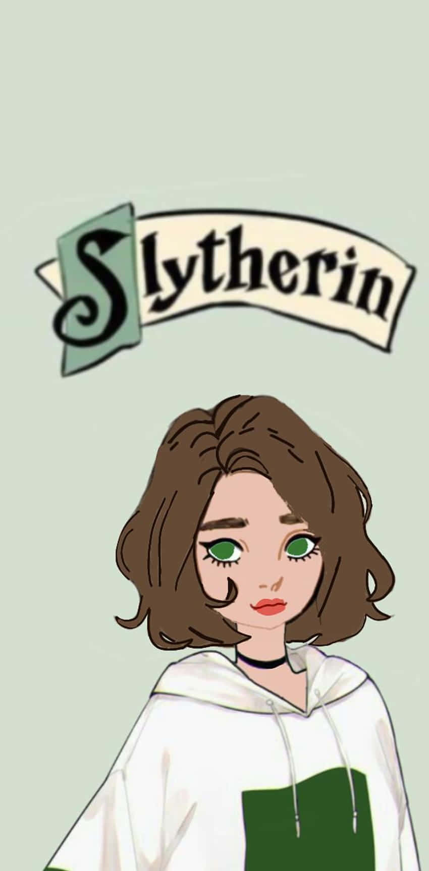 Cute Slytherin 桌布 壁紙 — 一個風格化的動漫女孩，擁有綠色眼睛和棕色頭髮，穿著一件帶有綠色史萊哲林補丁的白色連帽衫，在史萊哲林橫幅下。