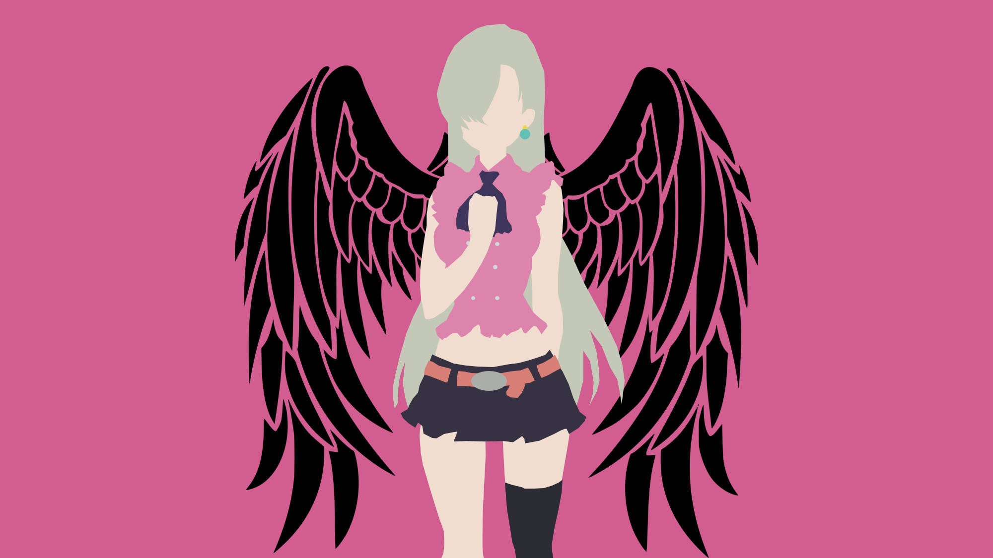 Minimalist Anime 桌布 壁紙 — 一個風格化的動漫女孩，擁有蒼白的頭髮和巨大的黑色翅膀，站在純粉紅色背景前，穿著粉紅色上衣和深色裙子。