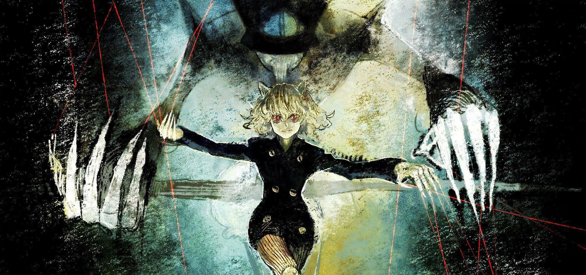Neferpitou 桌布 壁紙 — 一個風格化的動漫女孩，擁有貓耳和紅眼睛，在黑暗紋理背景中，巨大骷髏手向她伸來時，她挑釁地站立著。