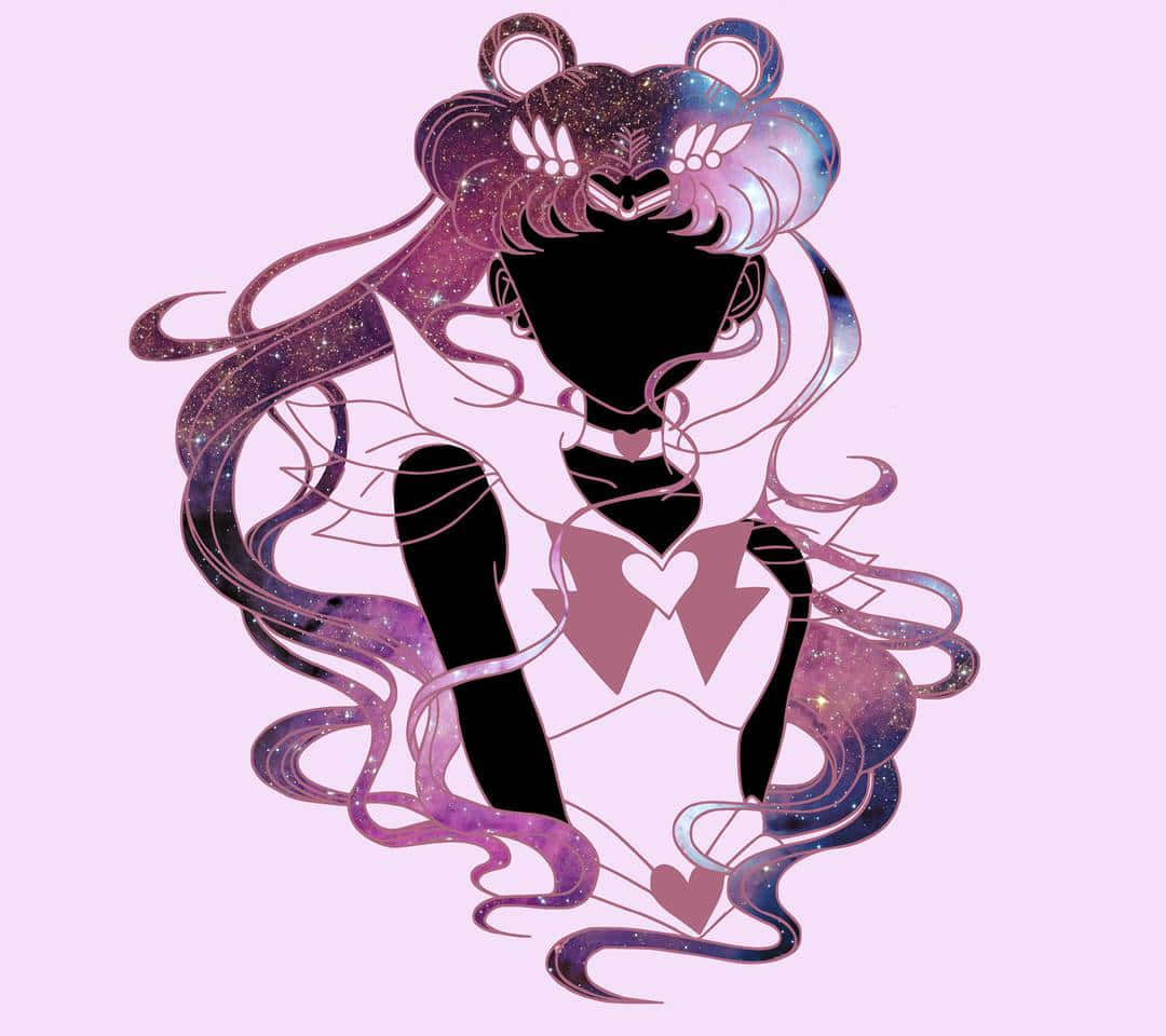 美少女戰士 桌布 壁紙 — 一個風格化的動漫女孩，擁有銀河主題的頭髮和心形標誌，背景是柔和的粉紅色。