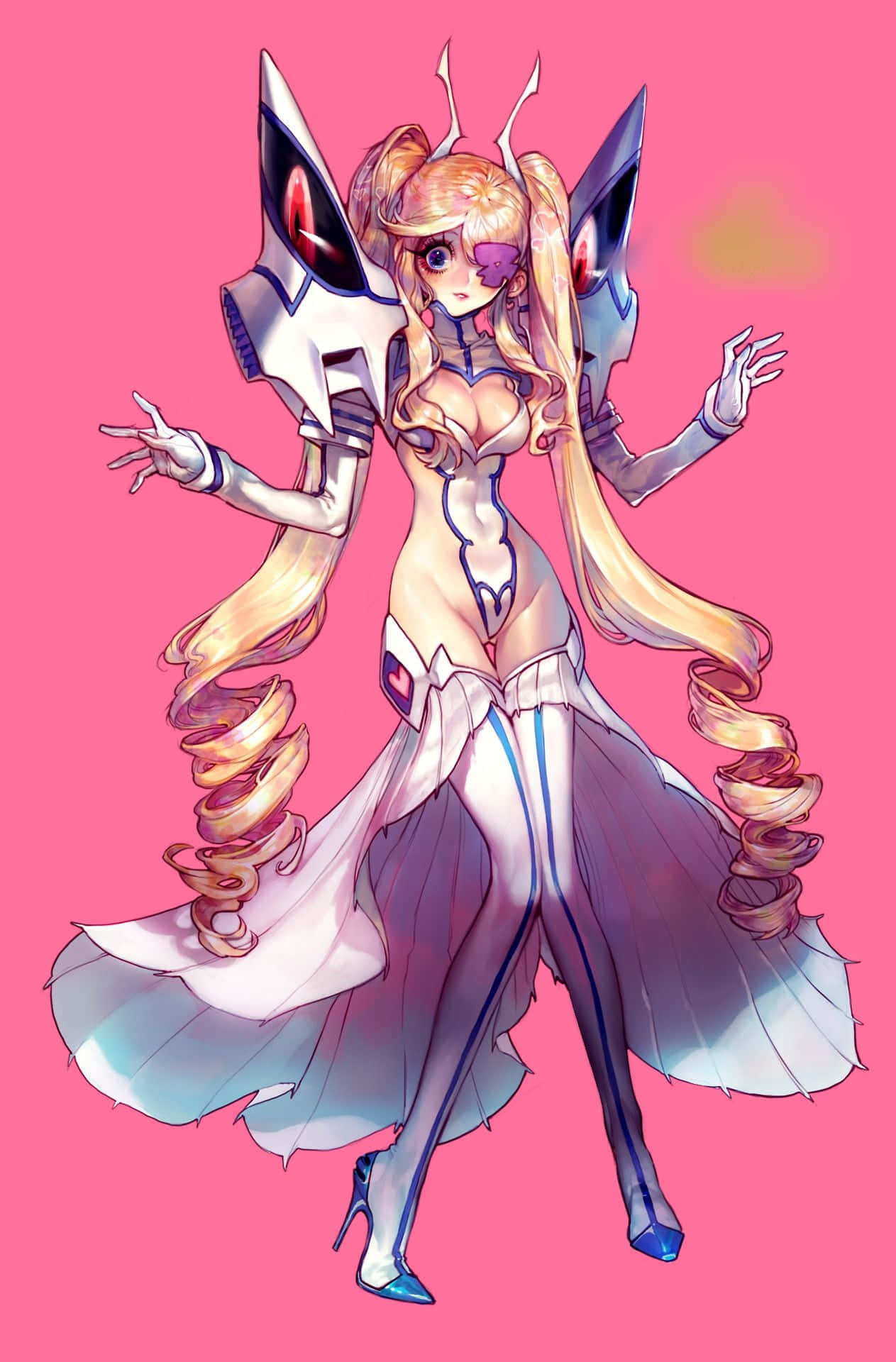 Nui Harime 桌布 壁紙 — 一個風格化的動漫女孩，擁有長長的金色頭髮和未來主義的盔甲，在純粉紅色背景上動態擺姿勢。