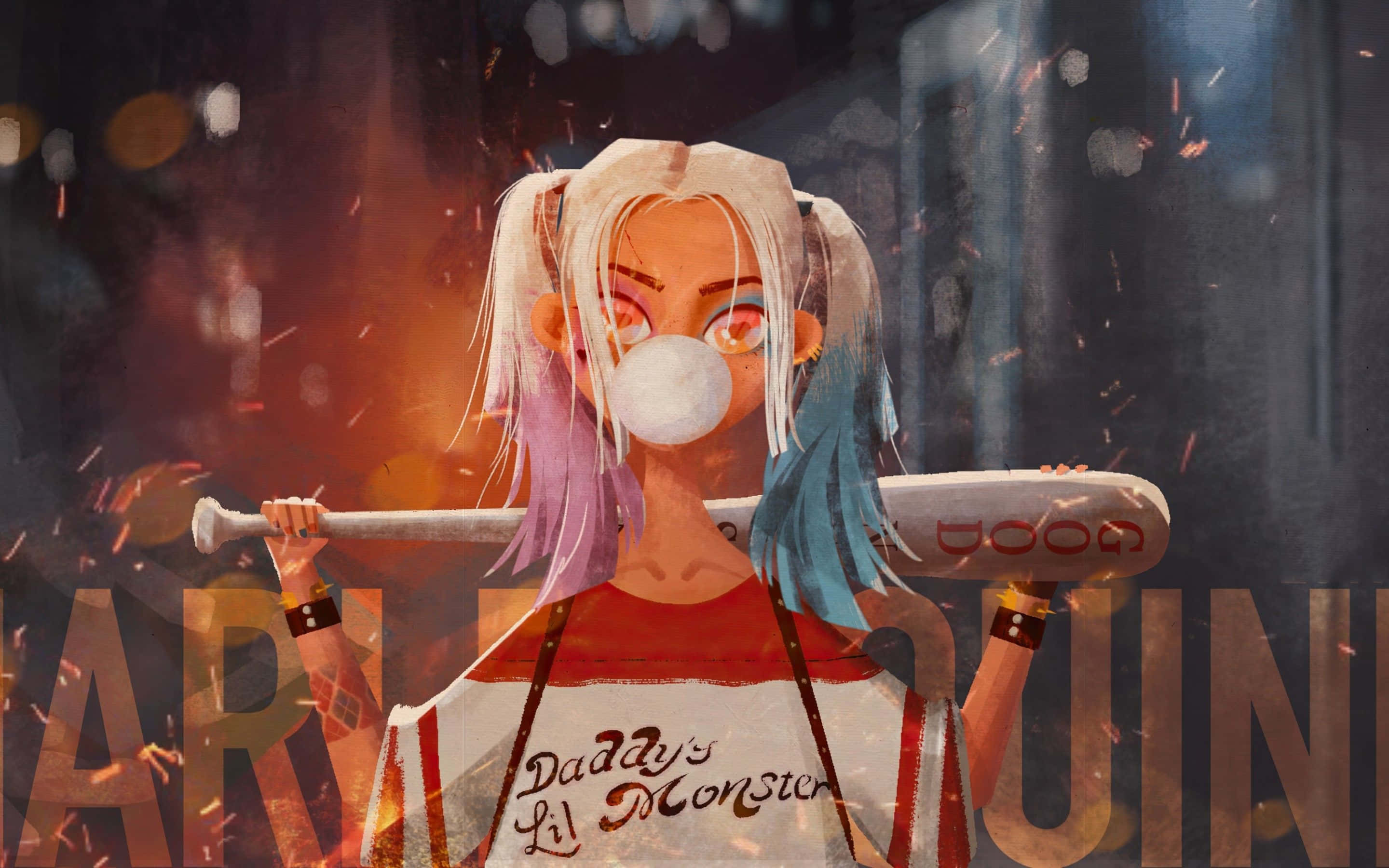 Harley Quinn Baseball Bat 桌布 壁紙 — 一個風格化的動漫女孩，擁有雙色頭髮，在火熱的城市背景下吹著泡泡糖，同時拿著棒球棒。