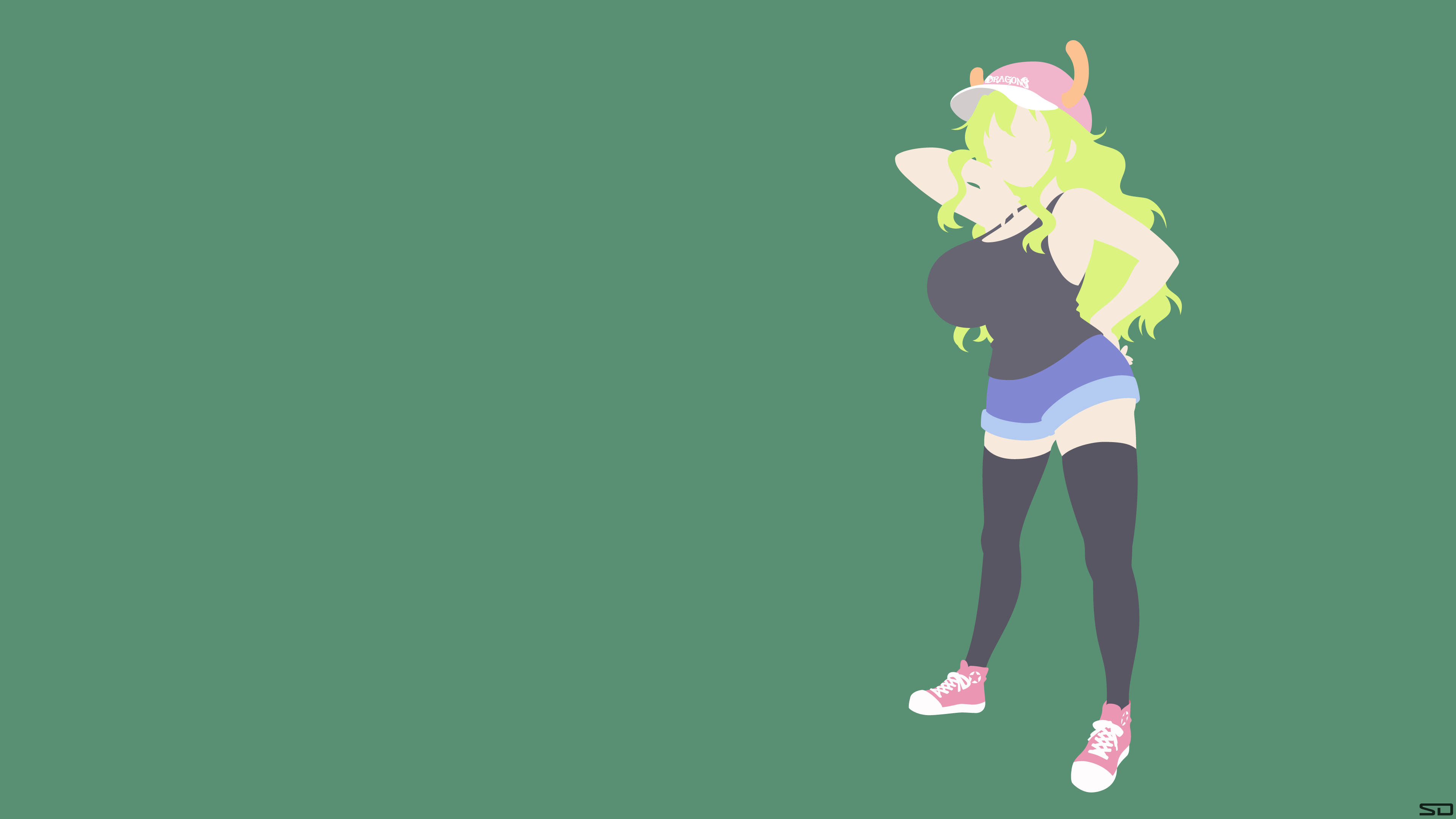 Lucoa 桌布 壁紙 — 一個風格化的動漫女孩，擁有霓虹綠髮和粉紅色帽子，在純綠色背景前自信地擺姿勢。