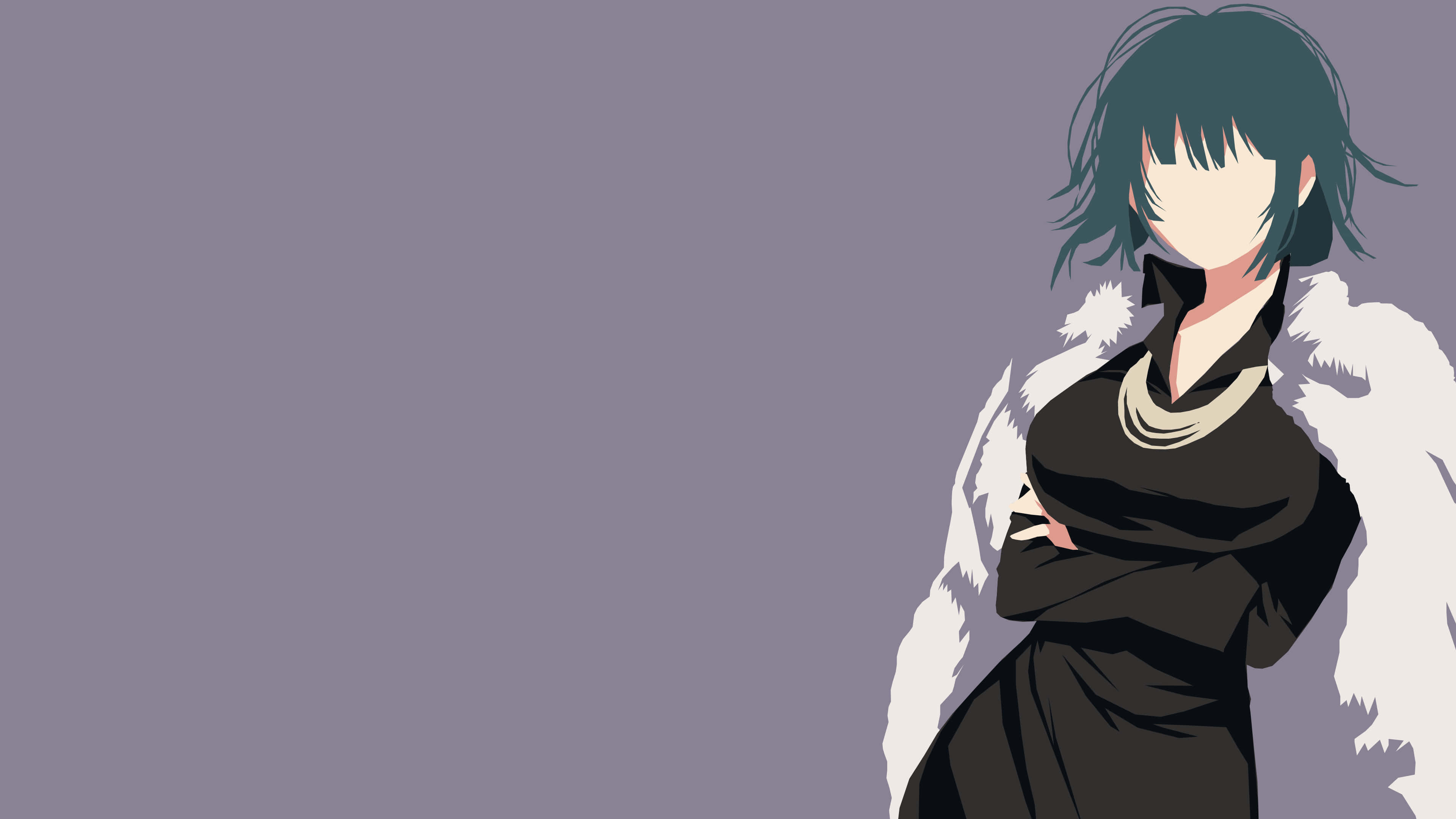Fubuki 桌布 壁紙 — 一個風格化的動漫女孩，擁有青綠色頭髮和白色毛皮大衣，自信地站在純薰衣草色背景前。