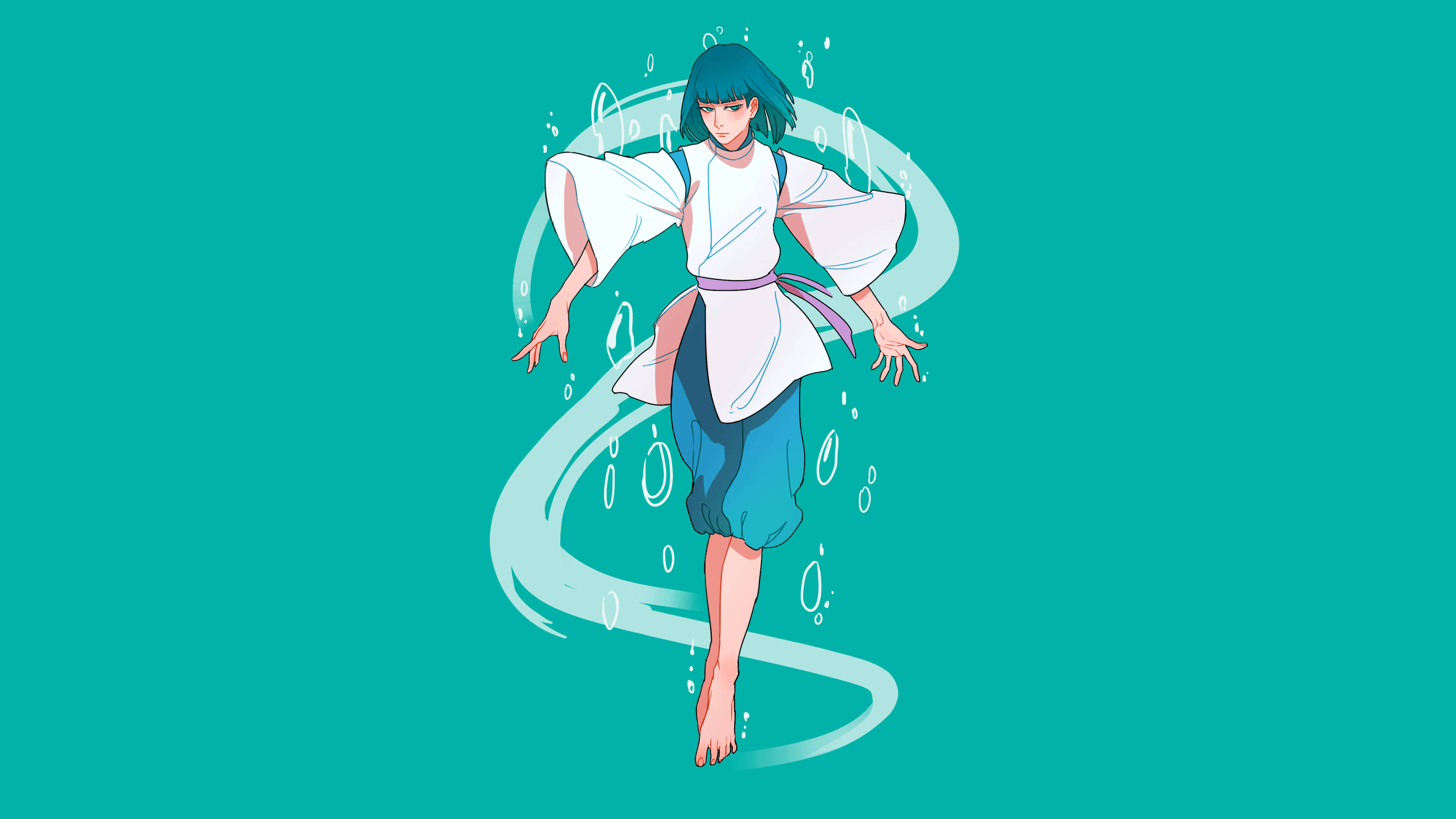 神隱少女 桌布 壁紙 — 一個風格化的動漫女孩，擁有青綠色頭髮和白色長袍，在純青綠色背景上旋轉的水泡中跳舞。