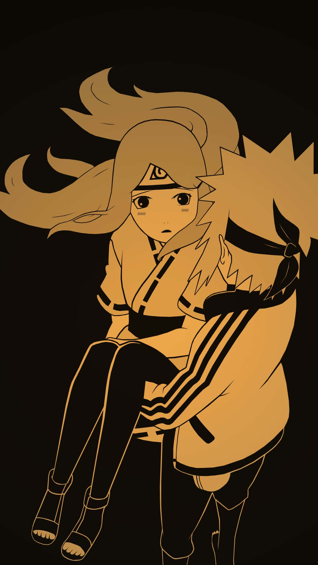 Kushina Uzumaki 桌布 壁紙 — 一個風格化的動漫女孩，擁有飄逸的金色頭髮，蜷縮在黑暗的背景前，表情陰沉而沉思。