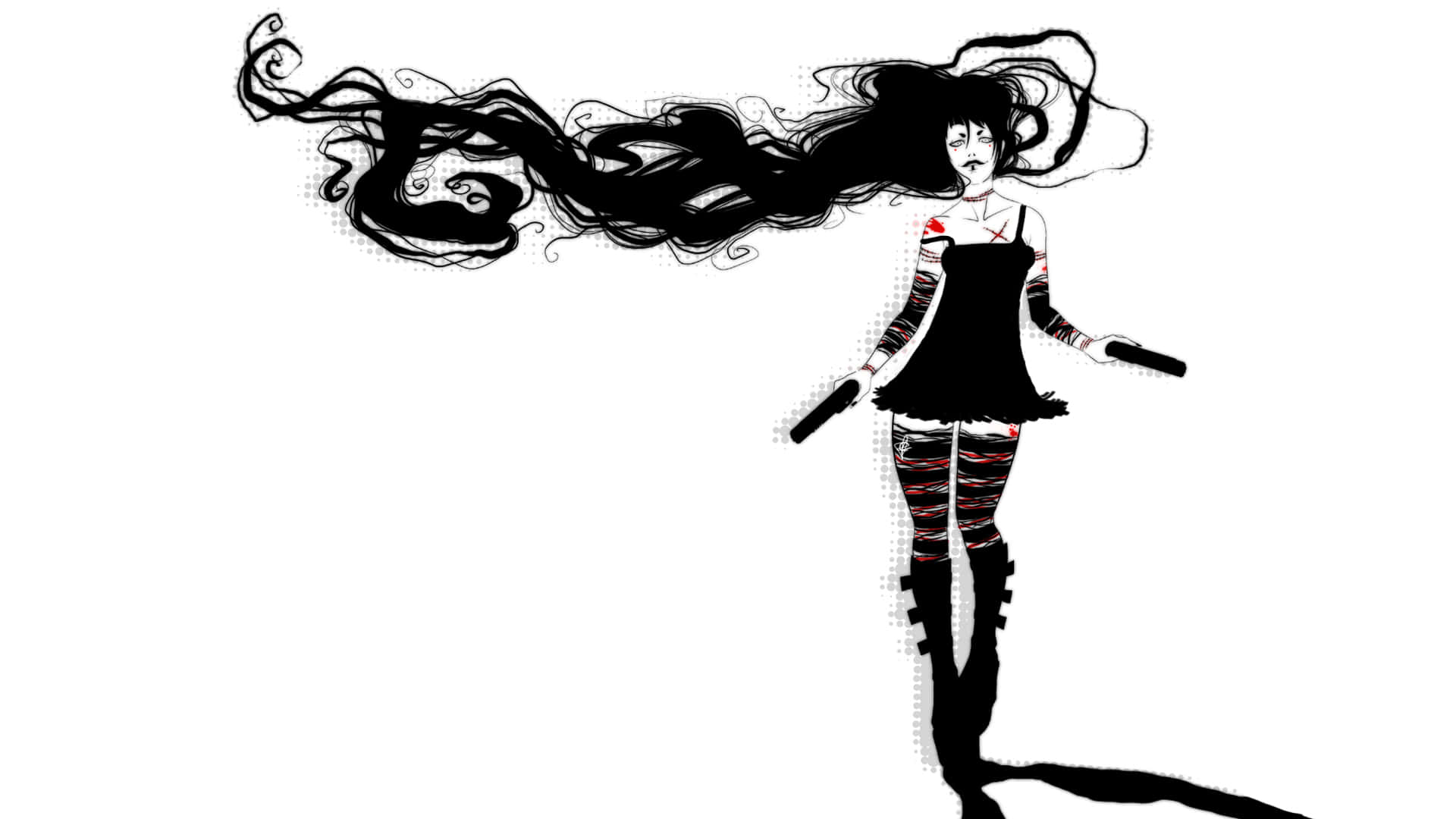 詭異 桌布 壁紙 — 一個風格化的動漫女孩，擁有飄逸的黑髮和紅色點綴，站在純白背景前，手持兩根指揮棒。