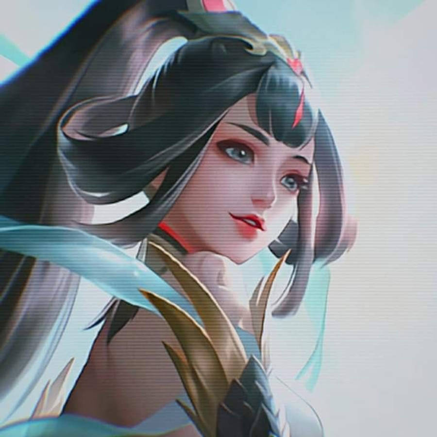 Guinevere 桌布 壁紙 — 一個風格化的動漫女孩，擁有飄逸的黑髮和藍色眼睛，在動態的數位肖像中凝視前方。