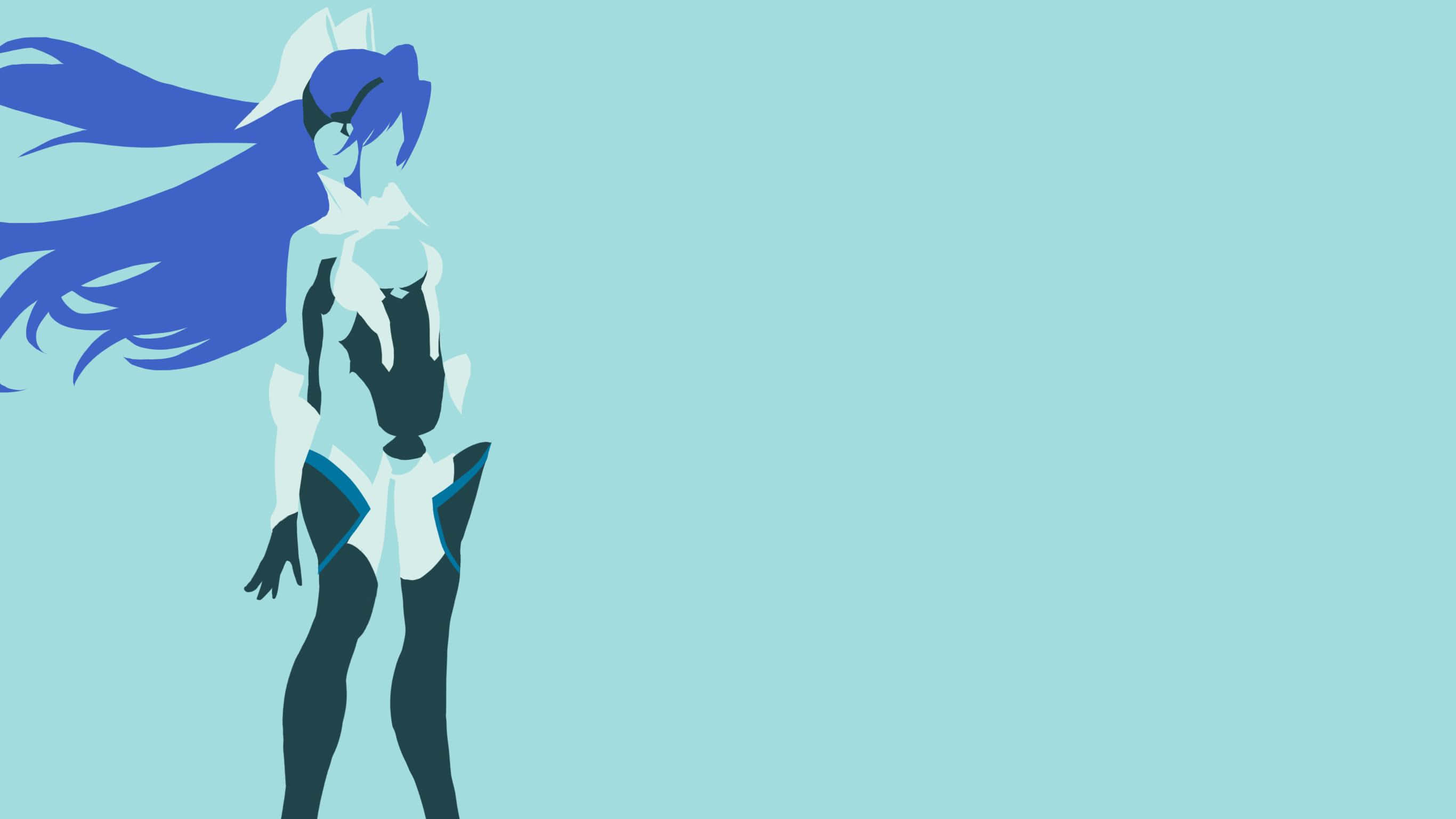 Anime Minimalist 桌布 壁紙 — 一個風格化的動漫女孩，擁有飄逸的藍色頭髮和白色服裝，站在純淺藍色背景前。
